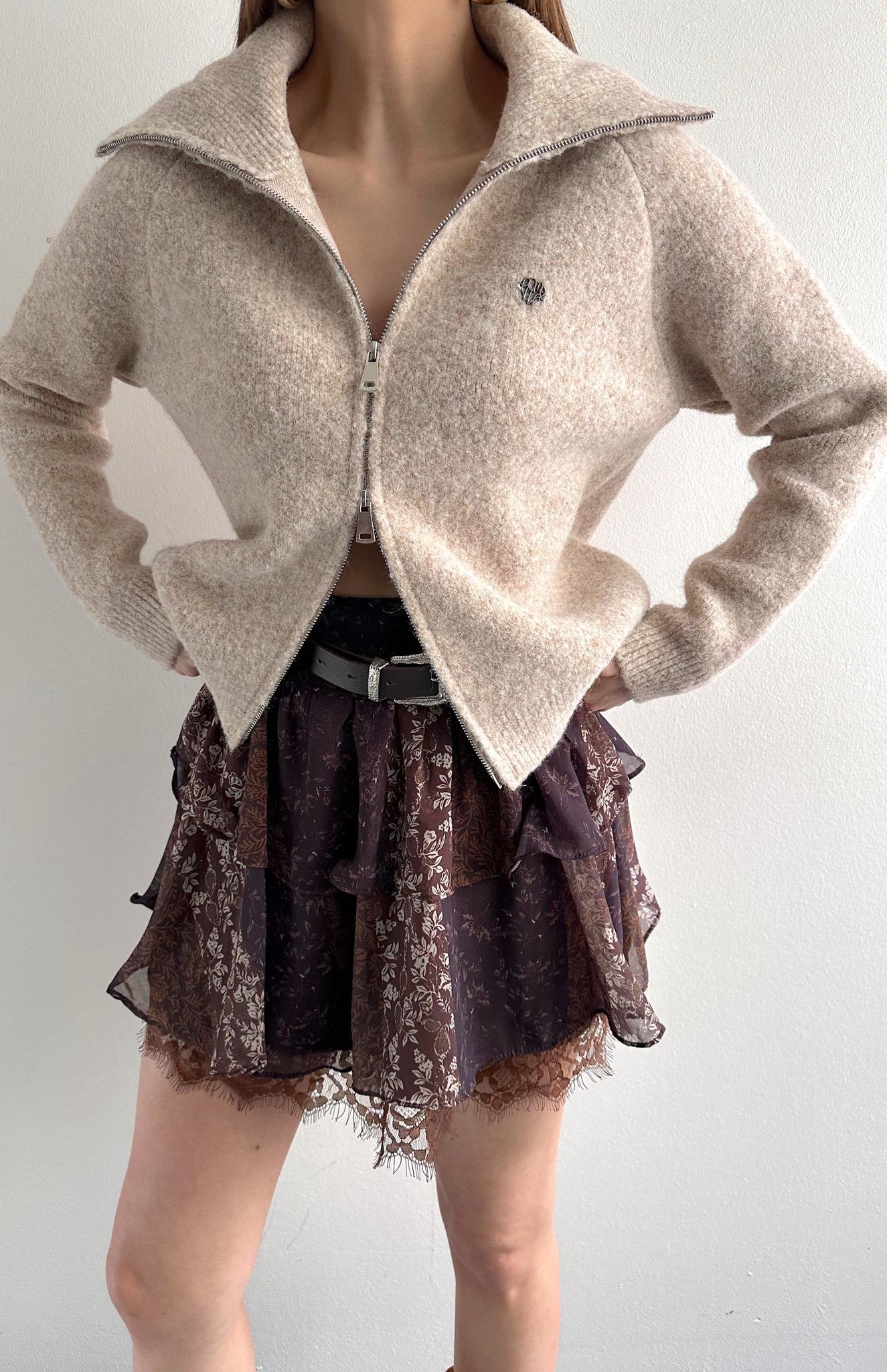 Çift Fermuarlı Lena Hırka VİZON