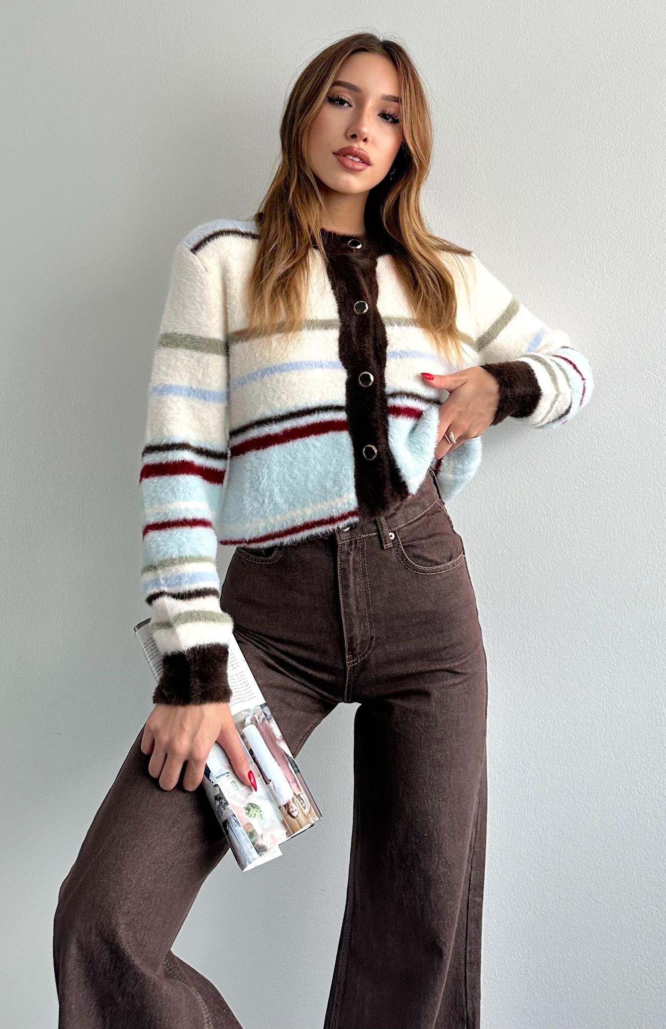 Çizgili Peluş Felicita Hırka EKRU