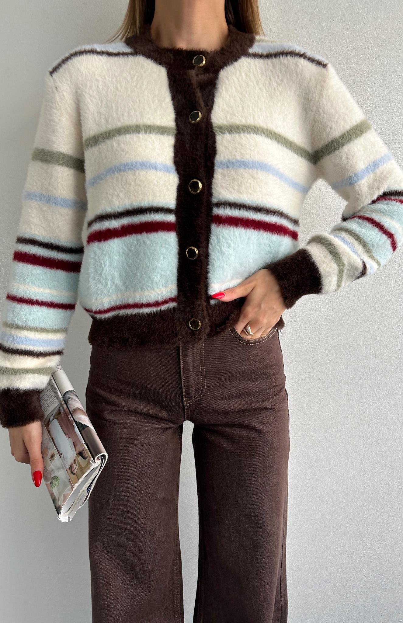 Çizgili Peluş Felicita Hırka EKRU