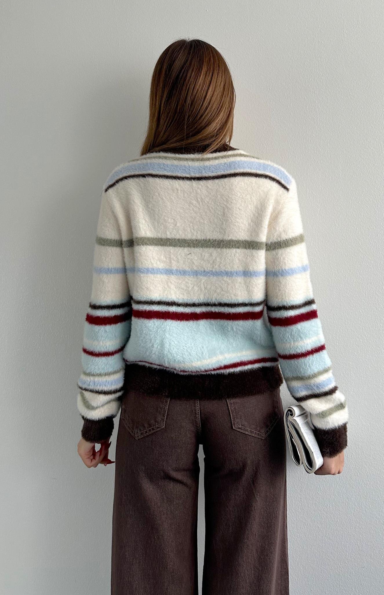 Çizgili Peluş Felicita Hırka EKRU