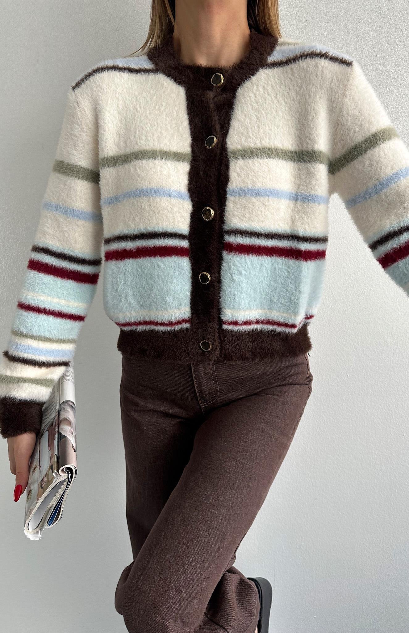 Çizgili Peluş Felicita Hırka EKRU