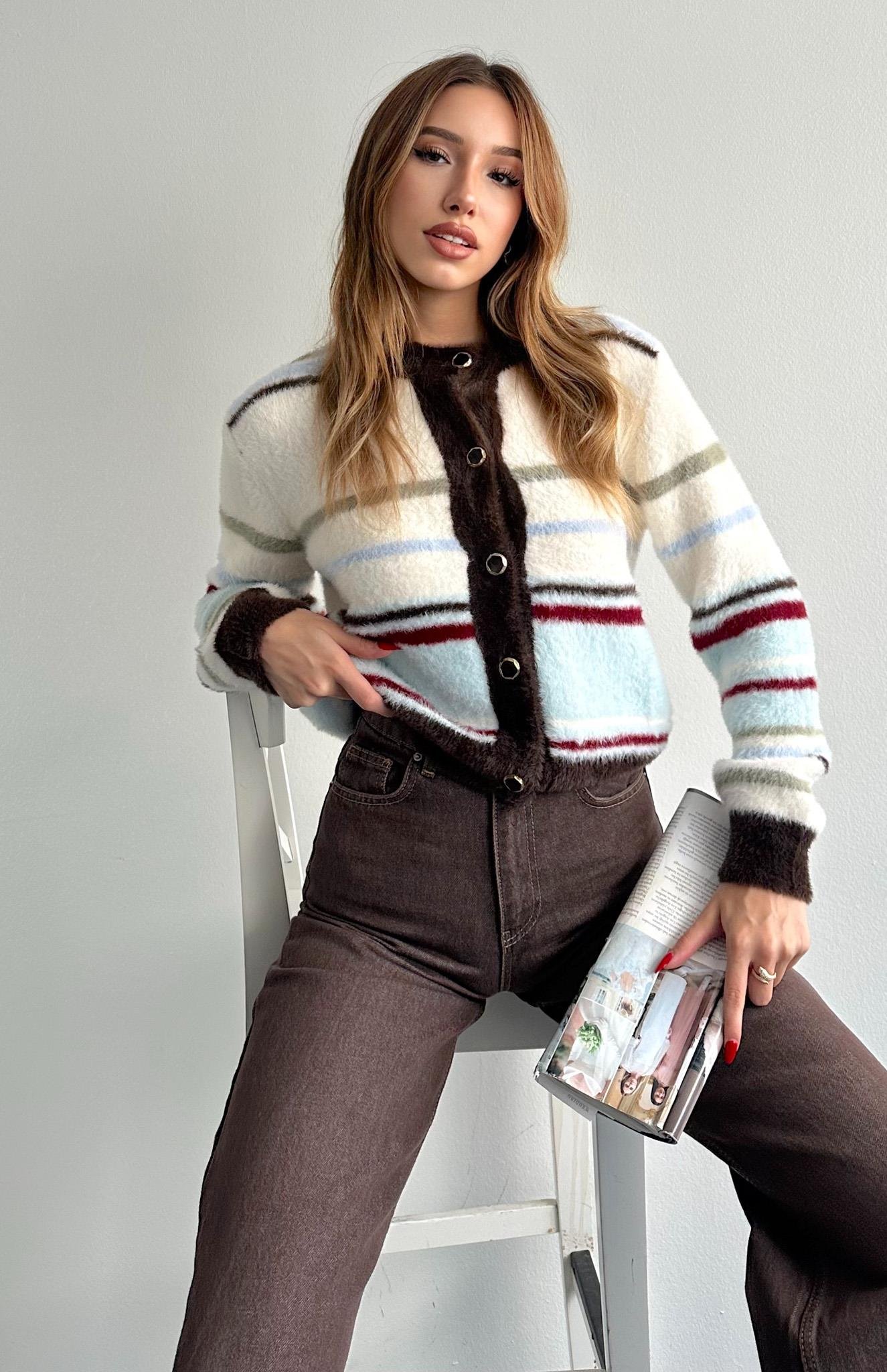 Çizgili Peluş Felicita Hırka EKRU