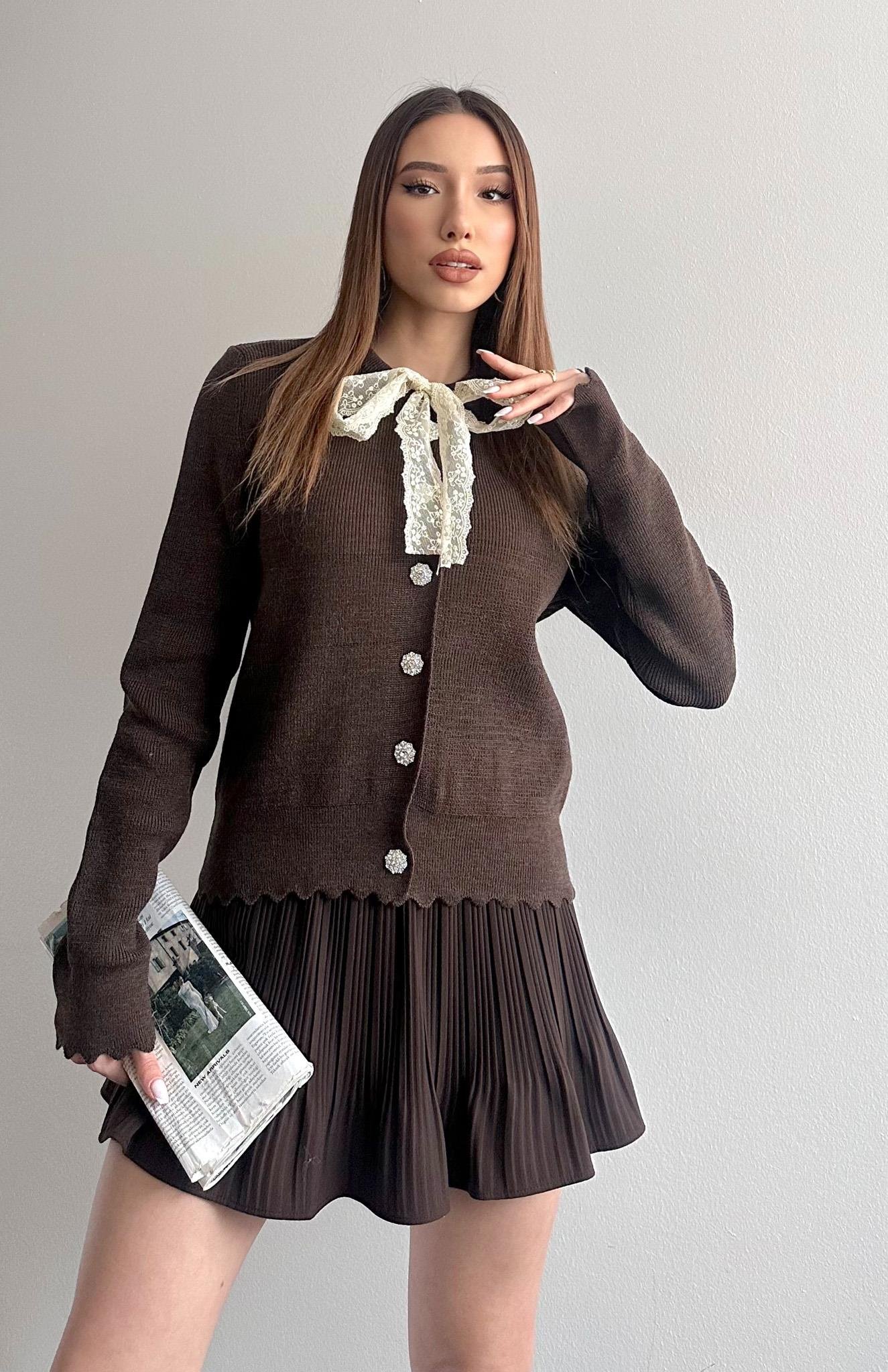 Dantel Fuarlı Hırka KAHVERENGİ