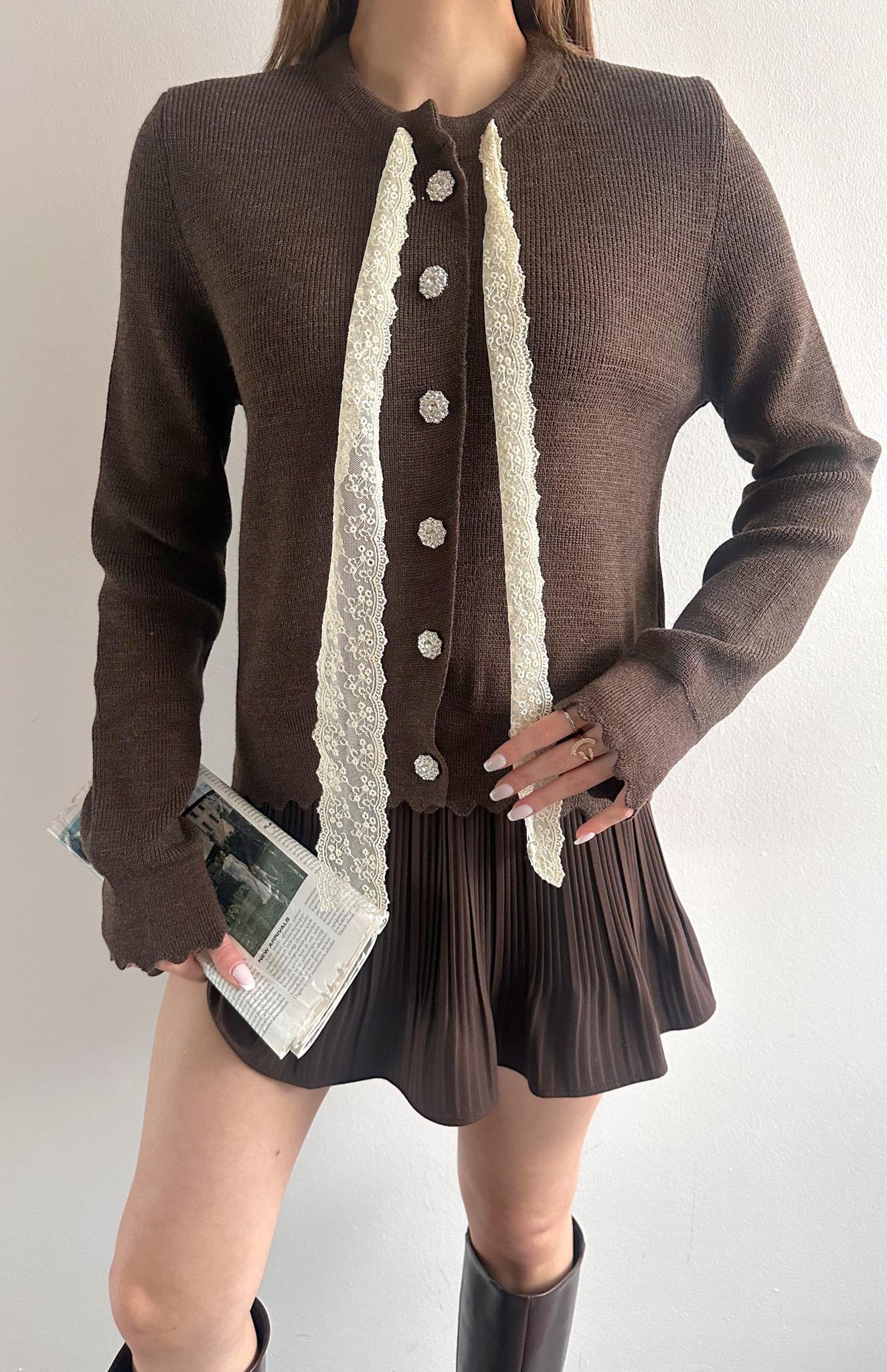 Dantel Fuarlı Hırka KAHVERENGİ