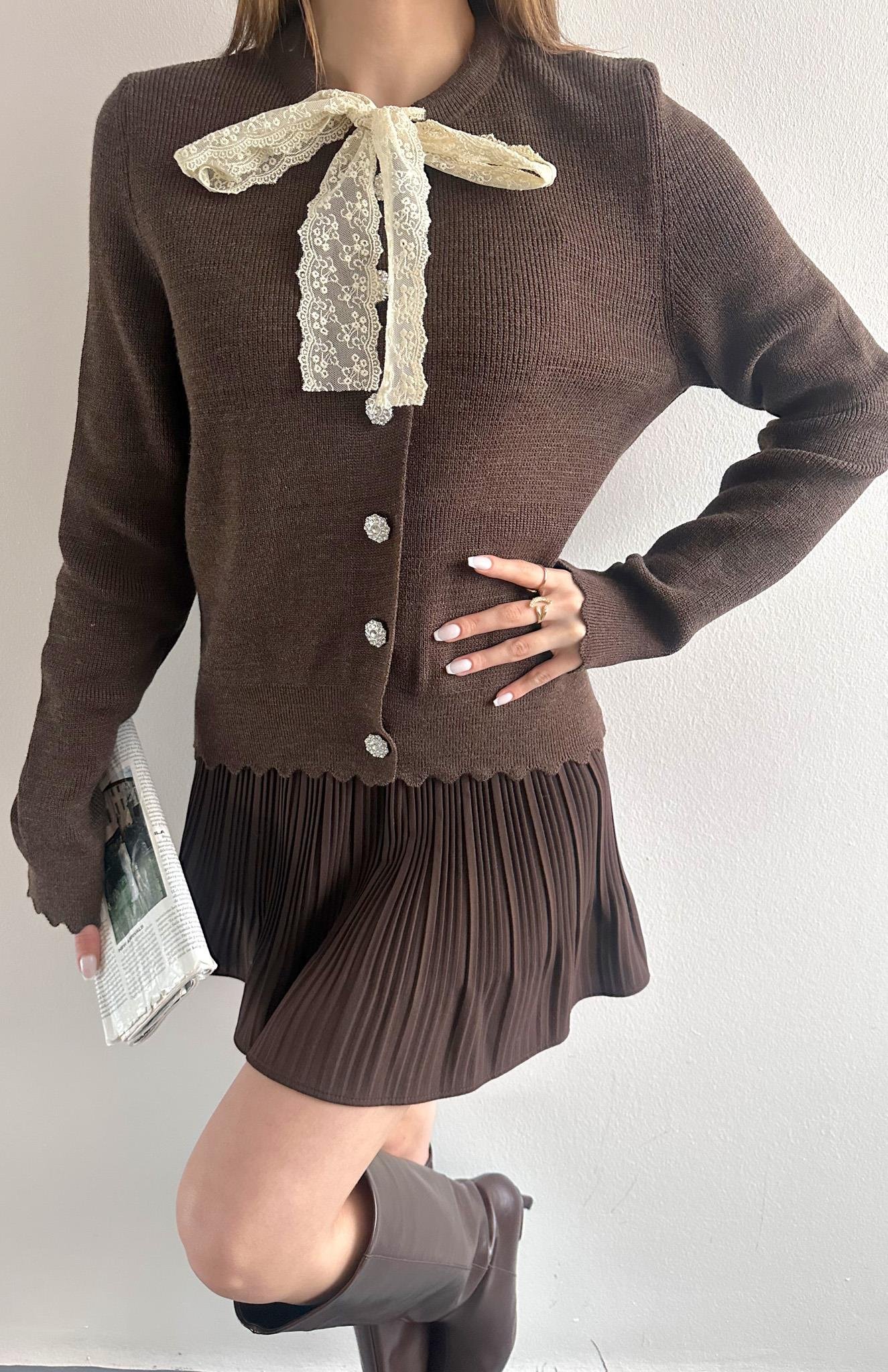 Dantel Fuarlı Hırka KAHVERENGİ