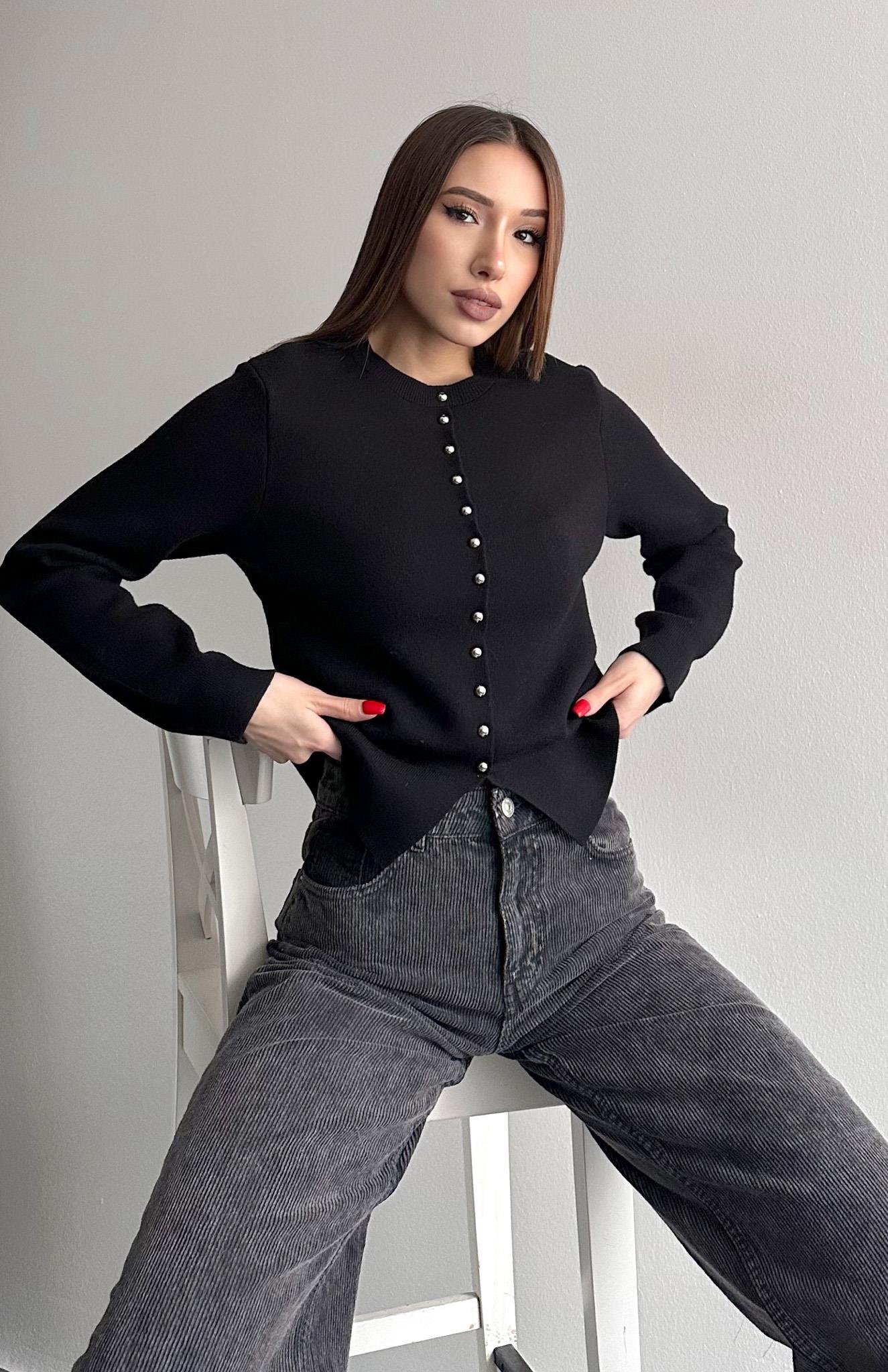 Düğmeli Triko Hırka SİYAH