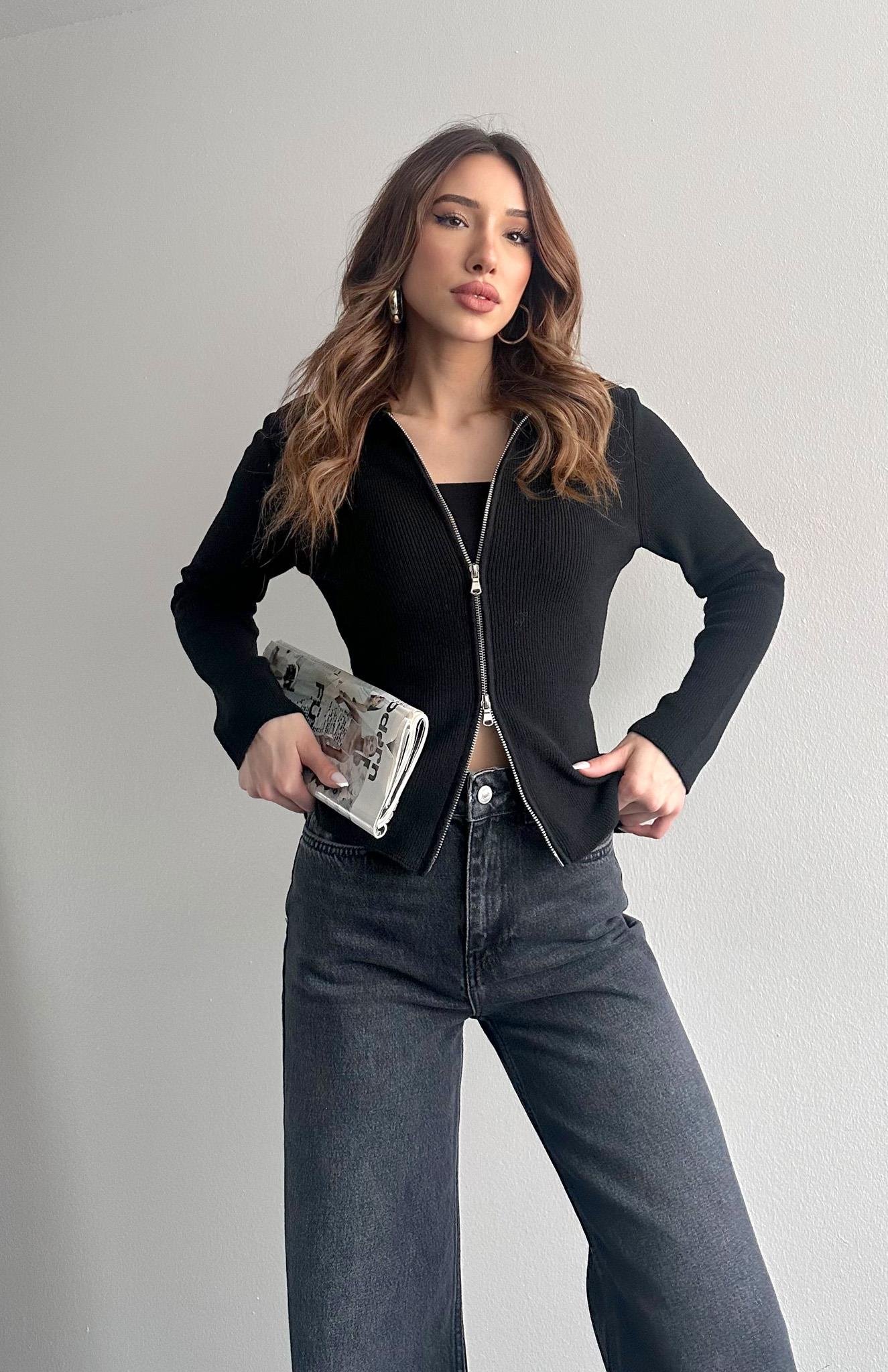 Fermuarlı Slim Kalıp Hırka SİYAH