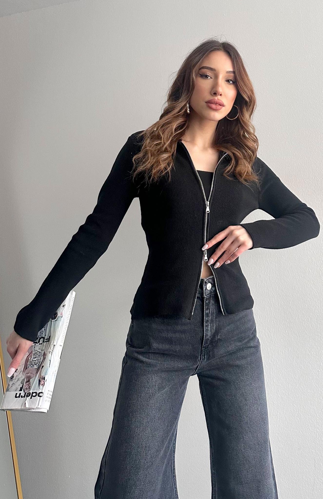 Fermuarlı Slim Kalıp Hırka SİYAH