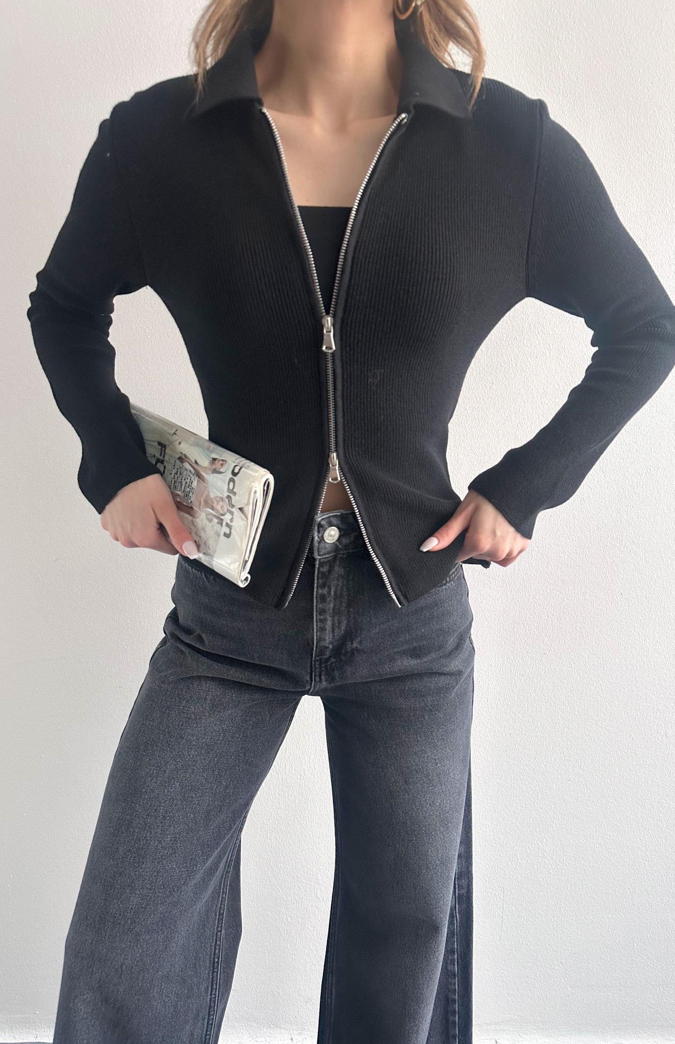 Fermuarlı Slim Kalıp Hırka SİYAH