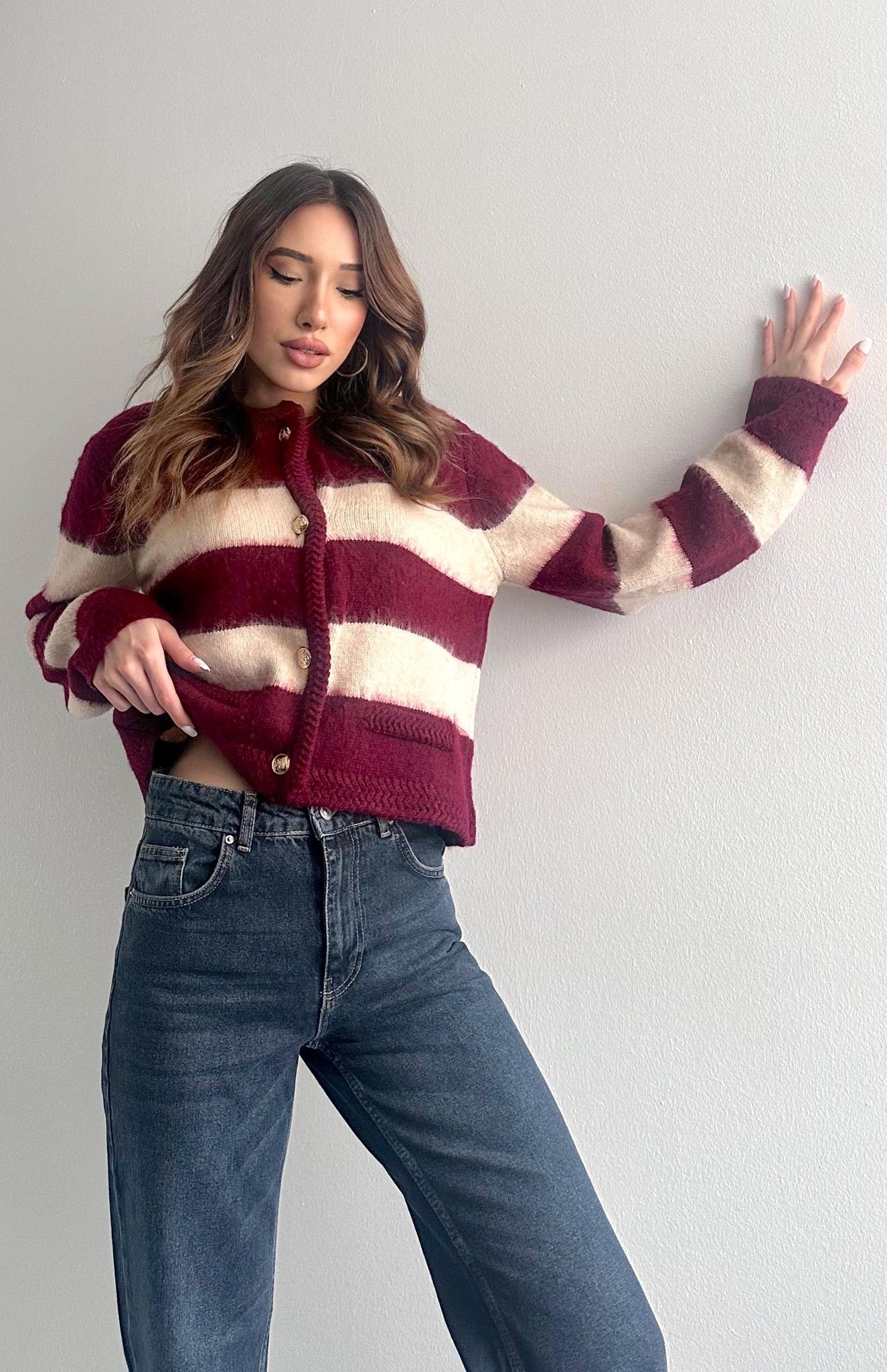 Fırça Şardonlu Crop Hırka BORDO