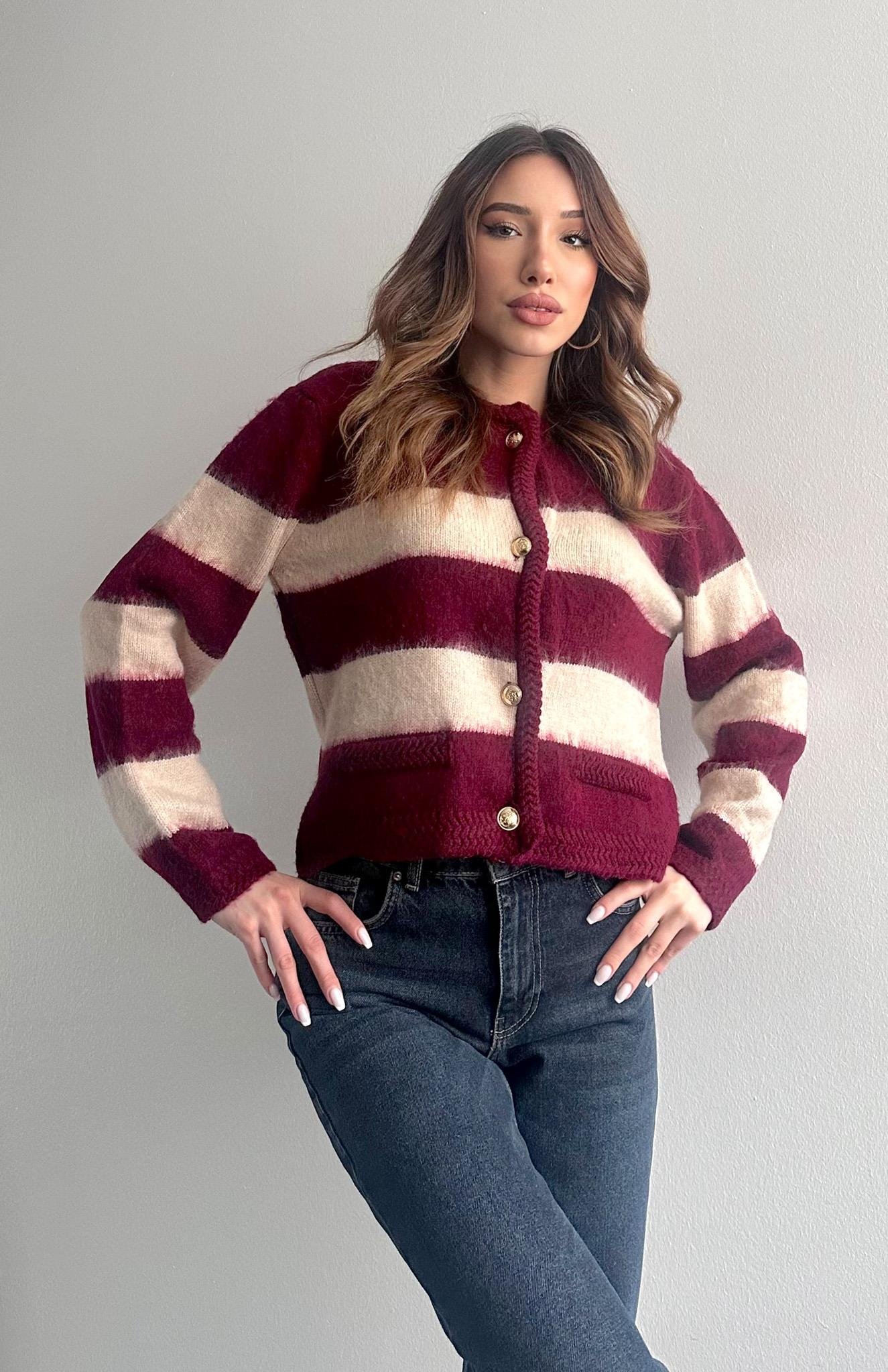 Fırça Şardonlu Crop Hırka BORDO