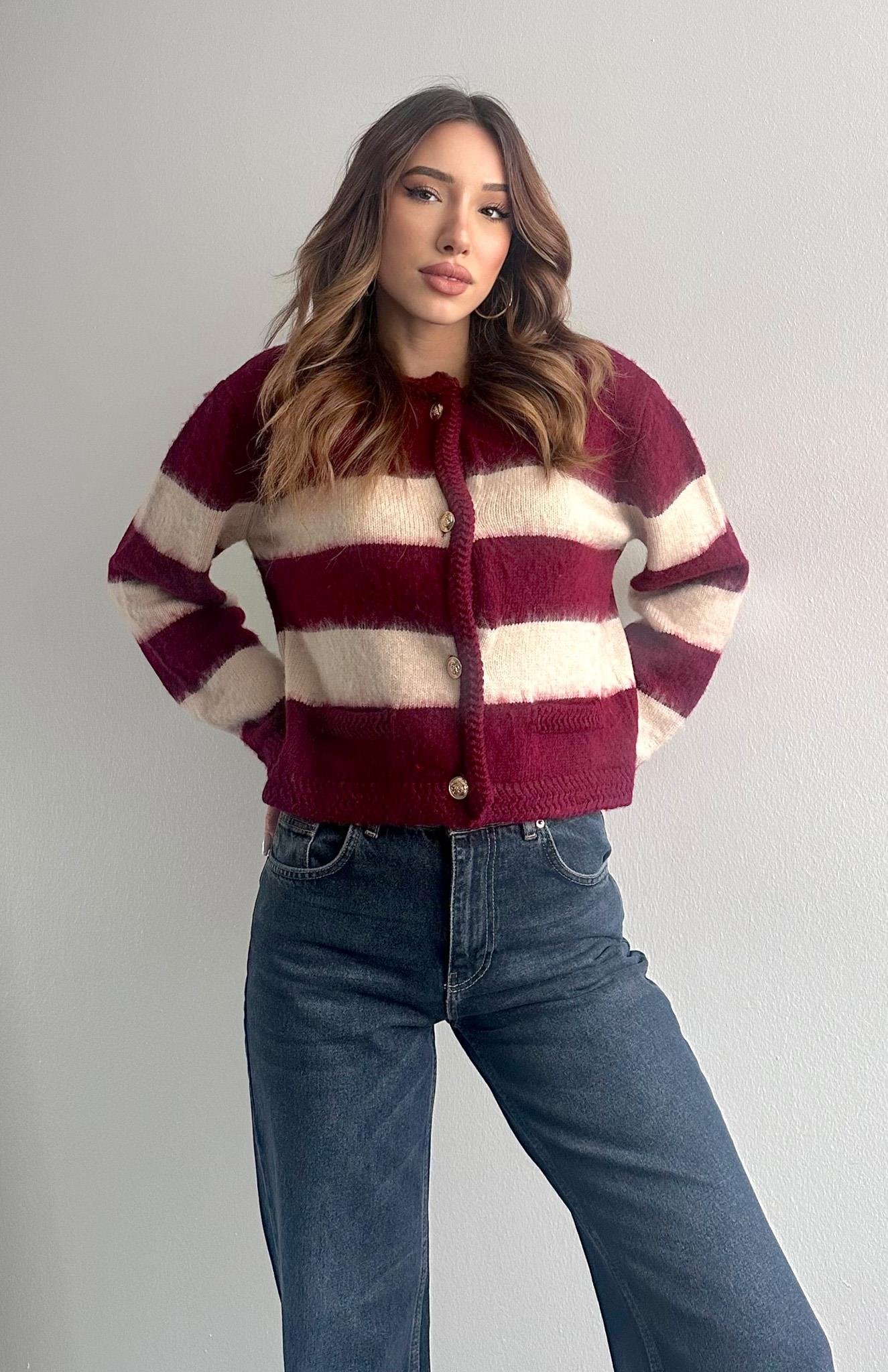 Fırça Şardonlu Crop Hırka BORDO