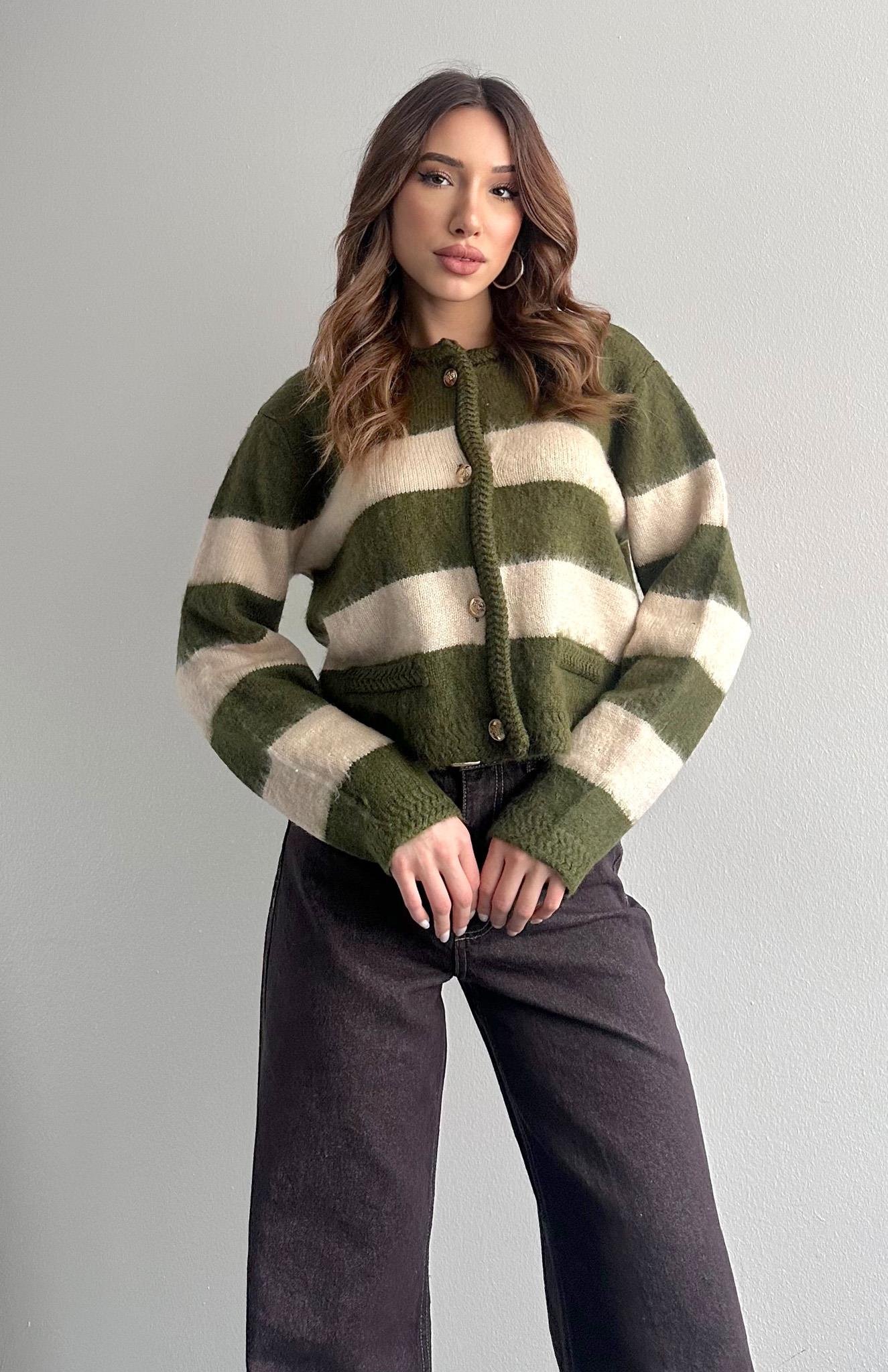 Fırça Şardonlu Crop Hırka HAKİ