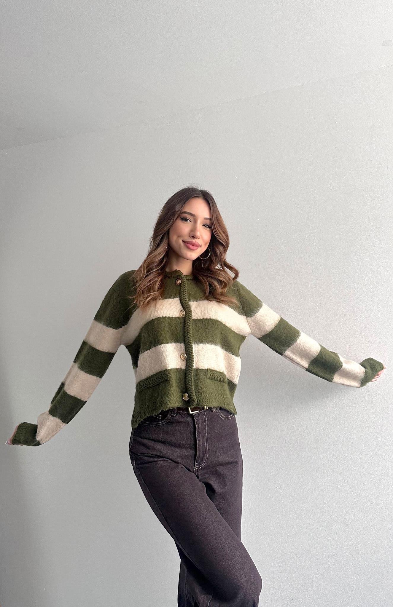 Fırça Şardonlu Crop Hırka HAKİ