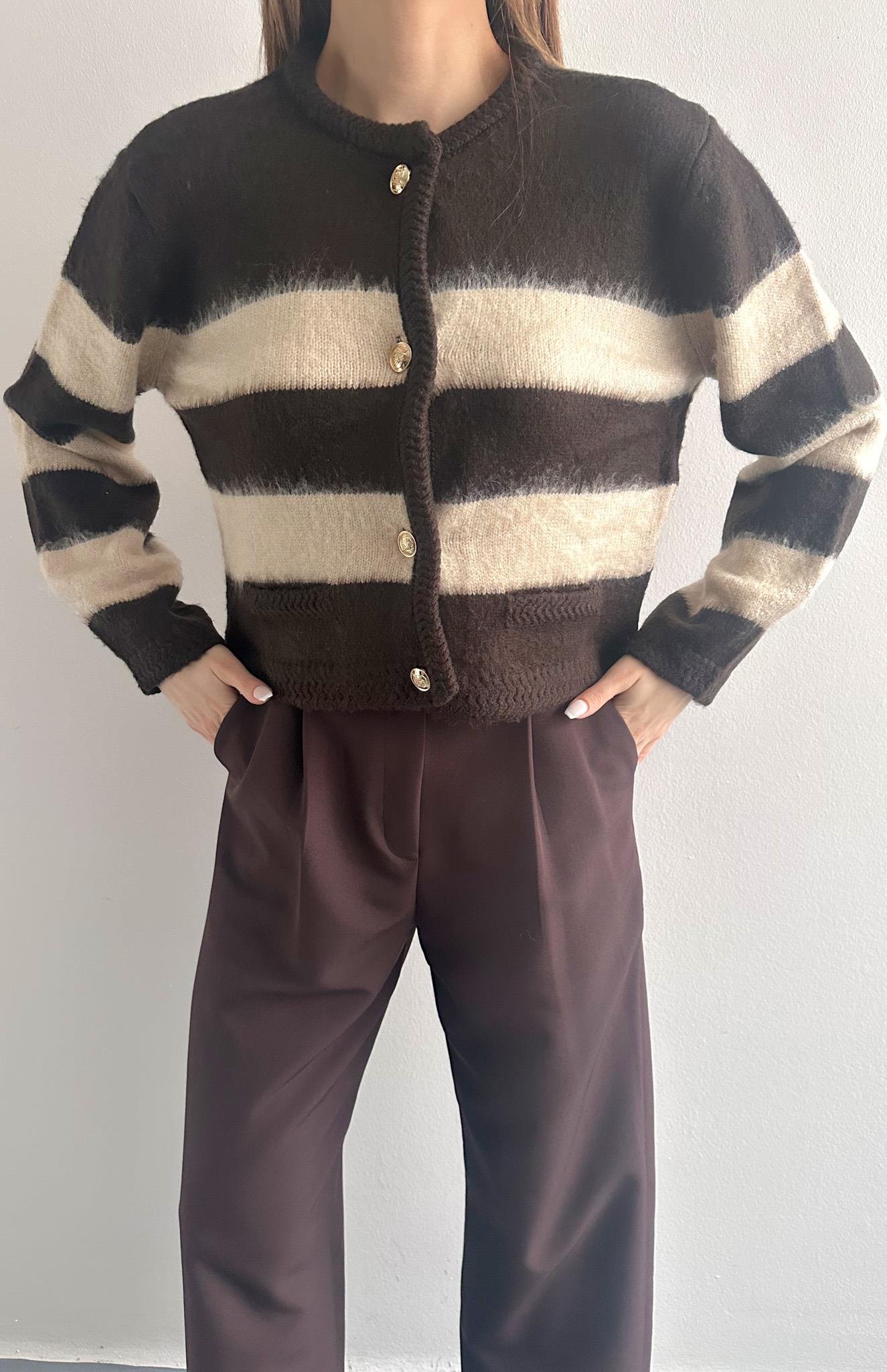 Fırça Şardonlu Crop Hırka KAHVERENGİ