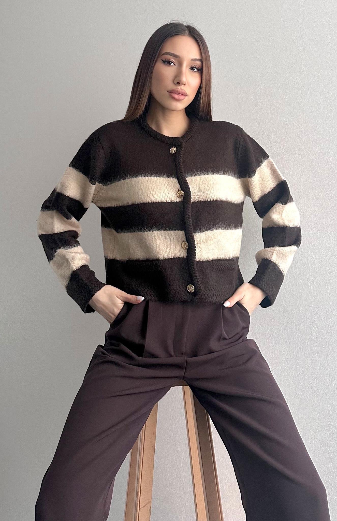 Fırça Şardonlu Crop Hırka KAHVERENGİ