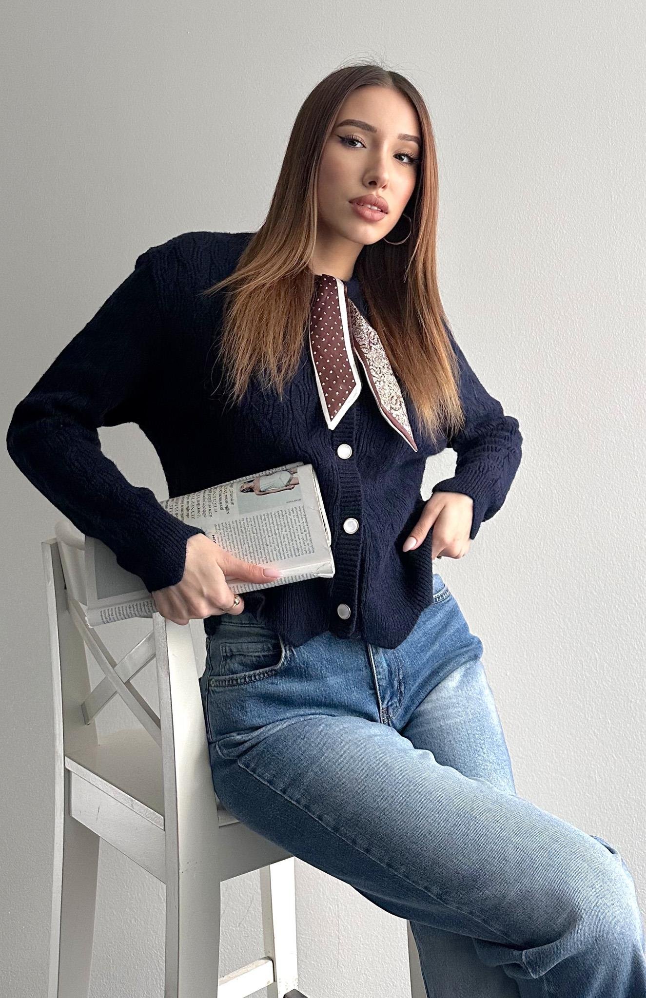 Fuarlı Düz Hırka LACİVERT