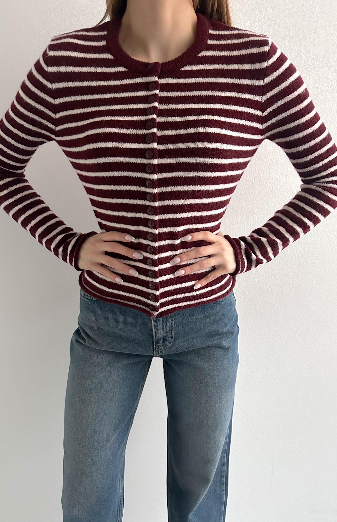 İnce Çizgili Hırka BORDO