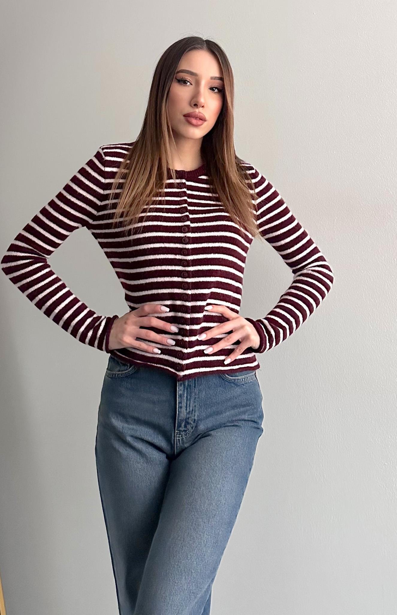 İnce Çizgili Hırka BORDO