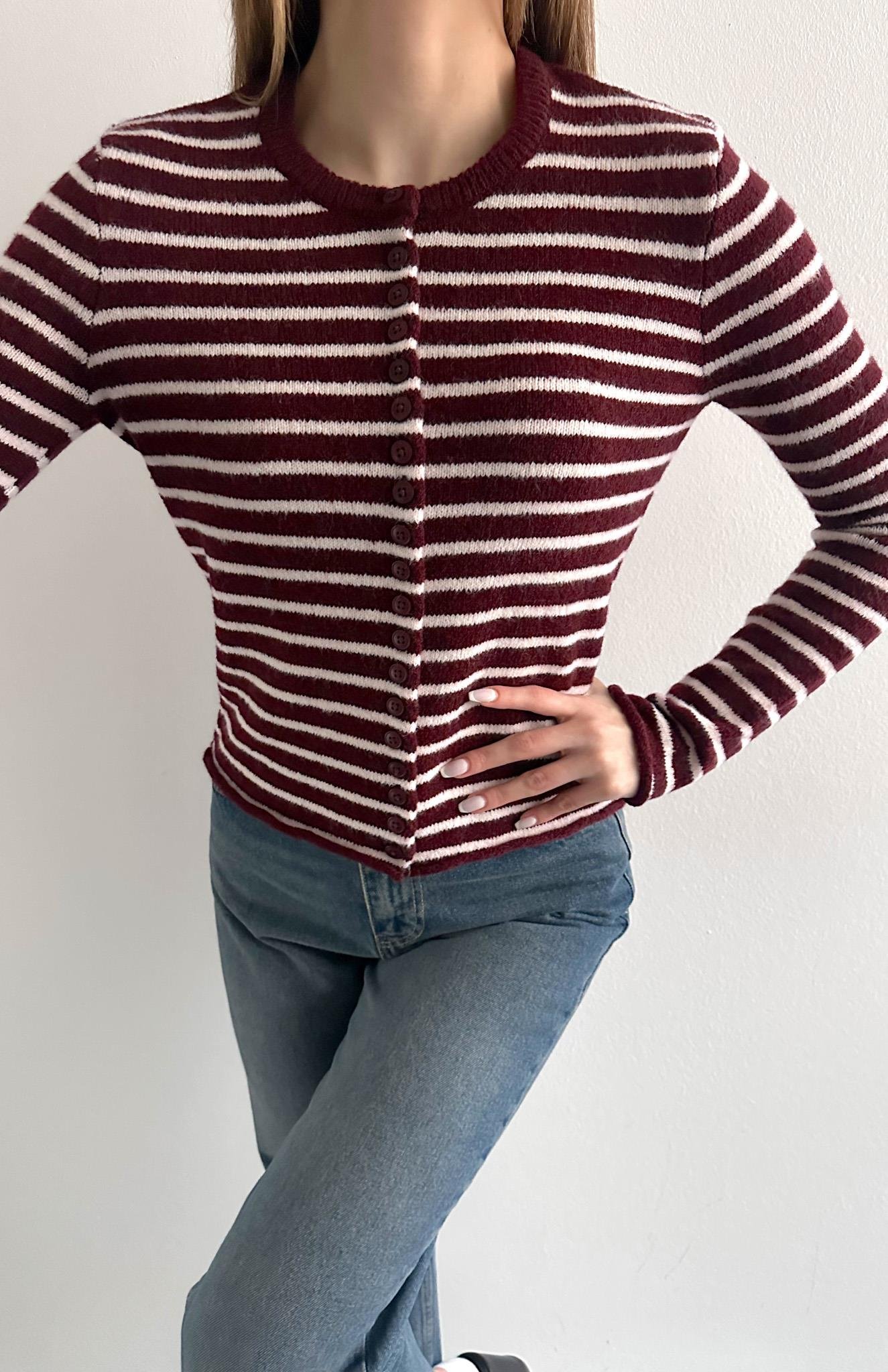 İnce Çizgili Hırka BORDO