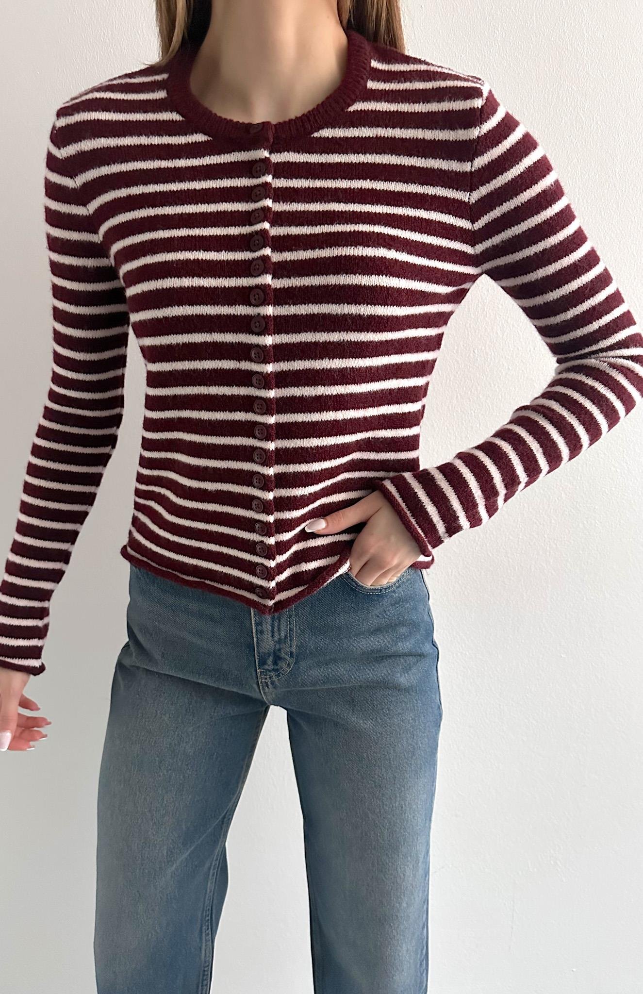 İnce Çizgili Hırka BORDO