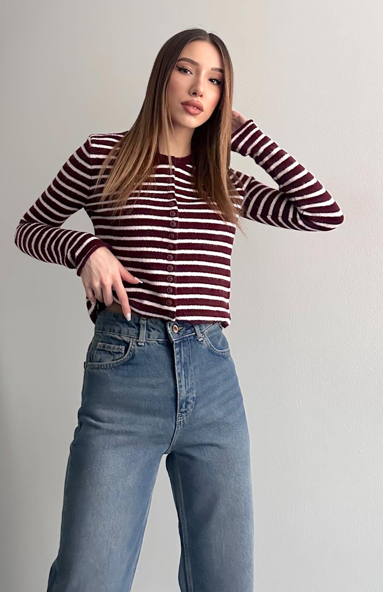 İnce Çizgili Hırka BORDO