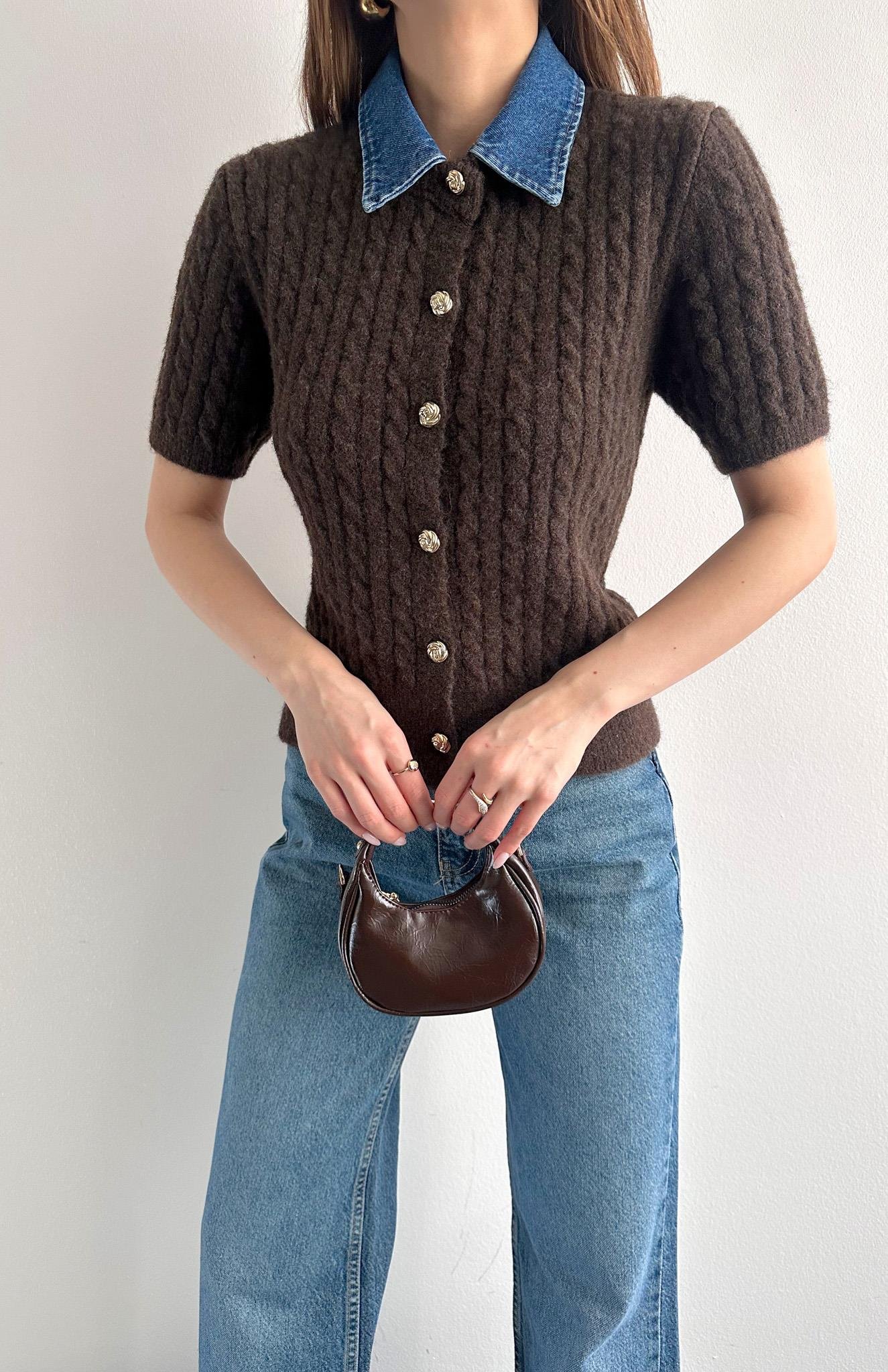 Jean Yakalı Yün Karışimlı Triko Hırka KAHVERENGİ