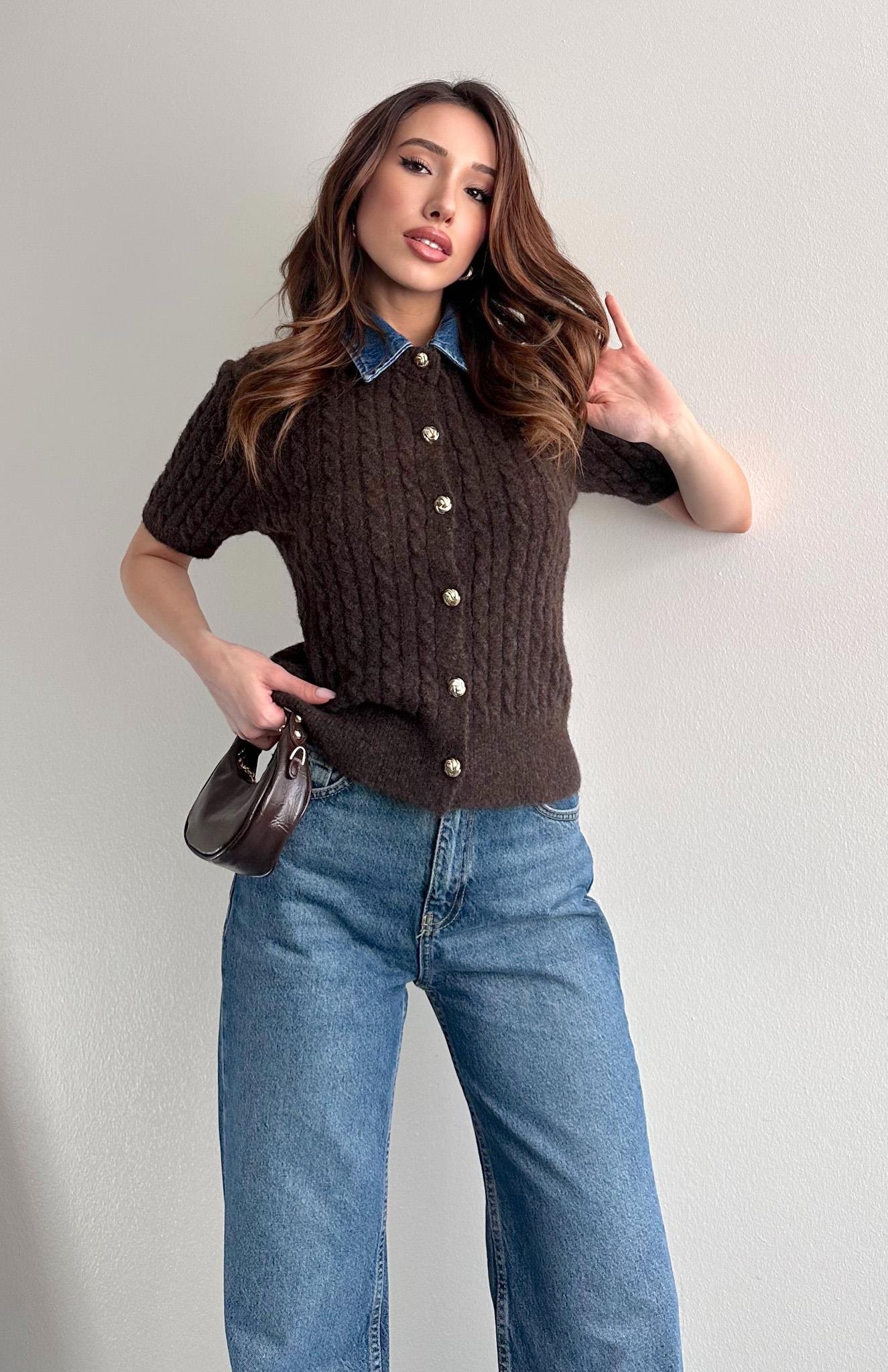 Jean Yakalı Yün Karışimlı Triko Hırka KAHVERENGİ