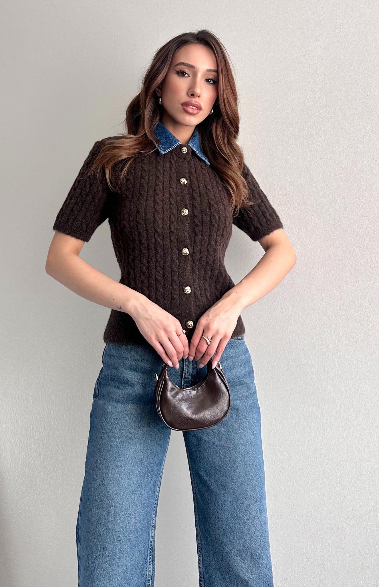 Jean Yakalı Yün Karışimlı Triko Hırka KAHVERENGİ