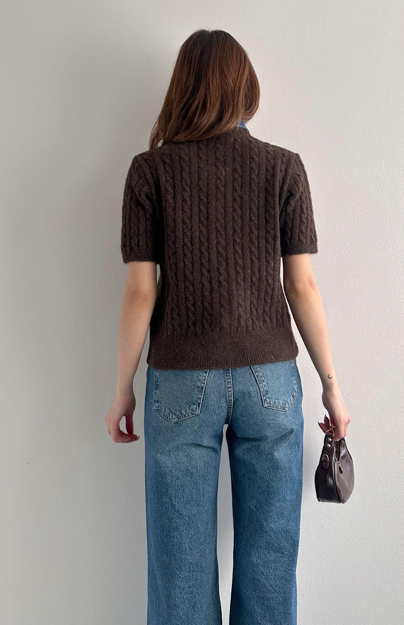 Jean Yakalı Yün Karışimlı Triko Hırka KAHVERENGİ