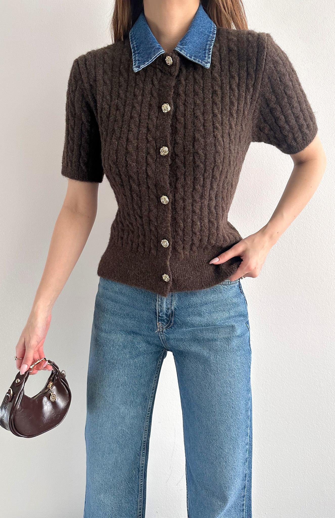 Jean Yakalı Yün Karışimlı Triko Hırka KAHVERENGİ