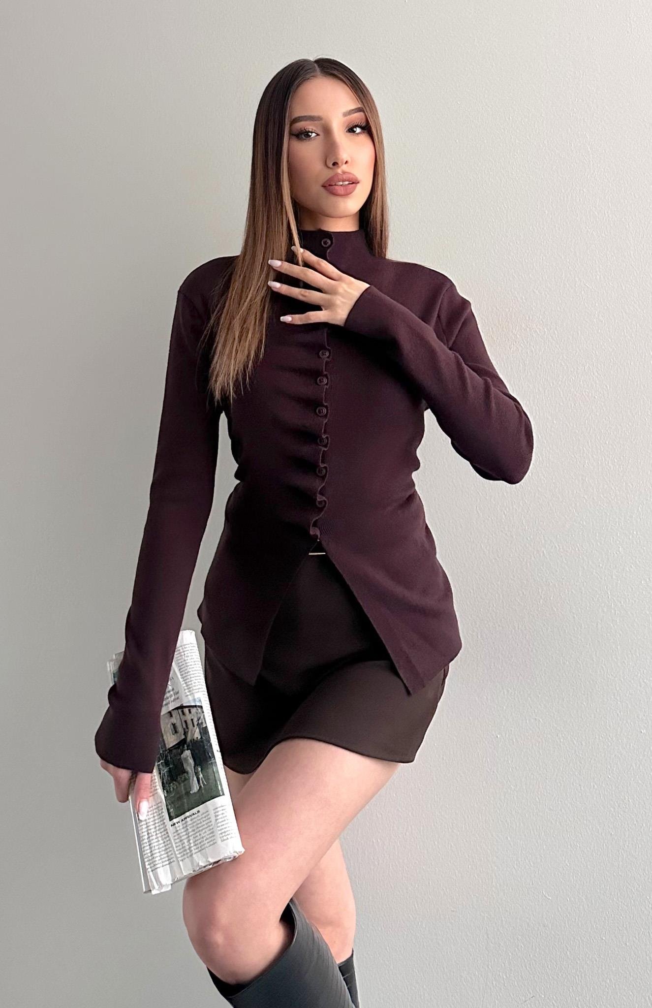 Kendinden Büzgülü Hırka KAHVERENGİ