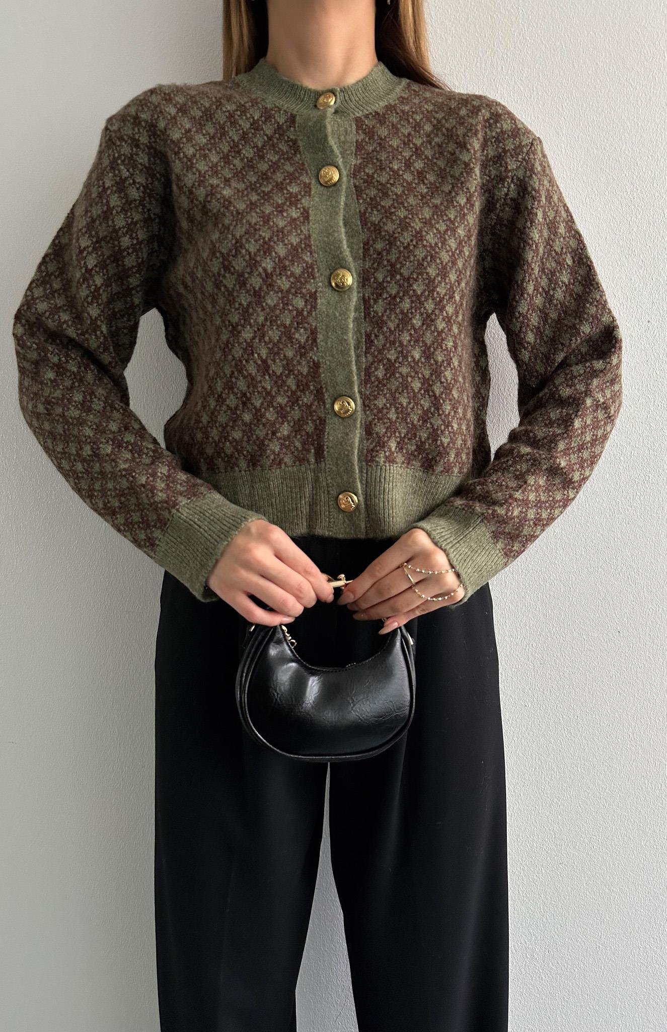 Kısa İki Renkli Düğmeli Hırka YEŞİL