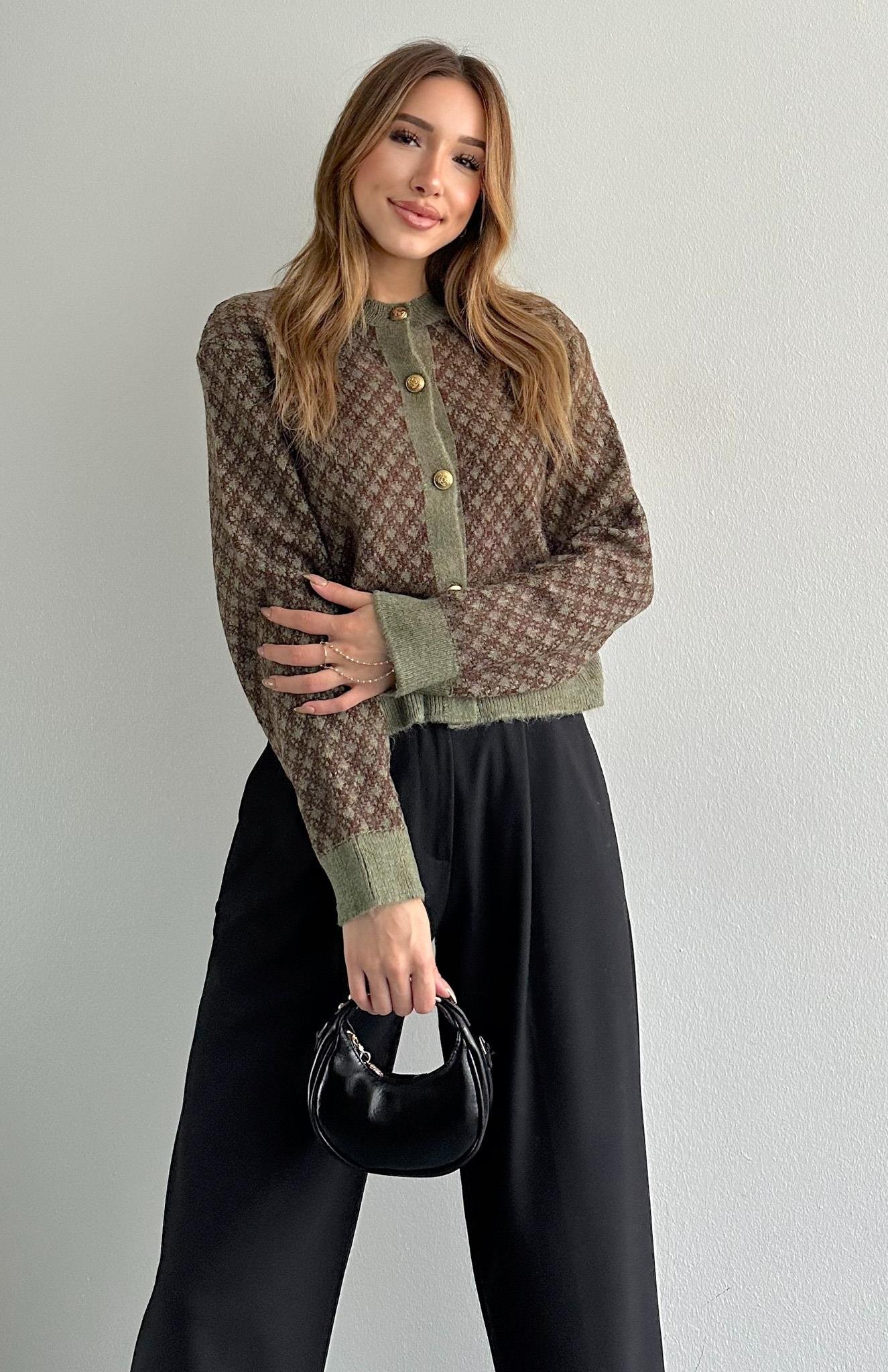 Kısa İki Renkli Düğmeli Hırka YEŞİL