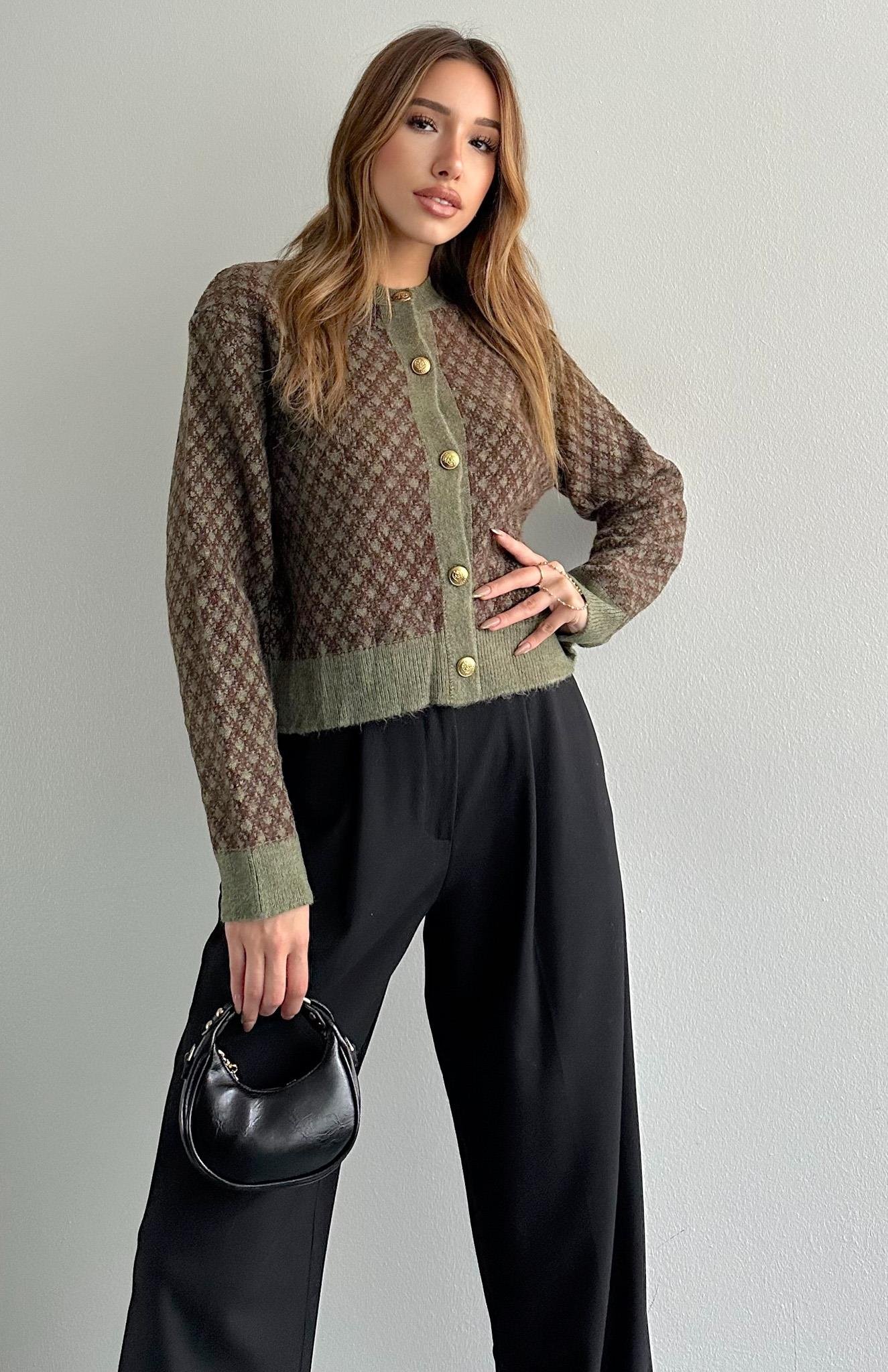 Kısa İki Renkli Düğmeli Hırka YEŞİL