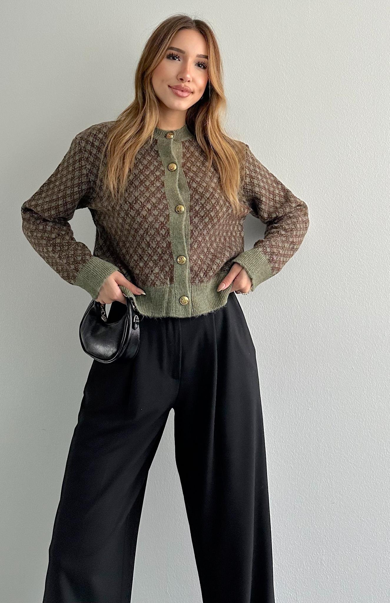 Kısa İki Renkli Düğmeli Hırka YEŞİL