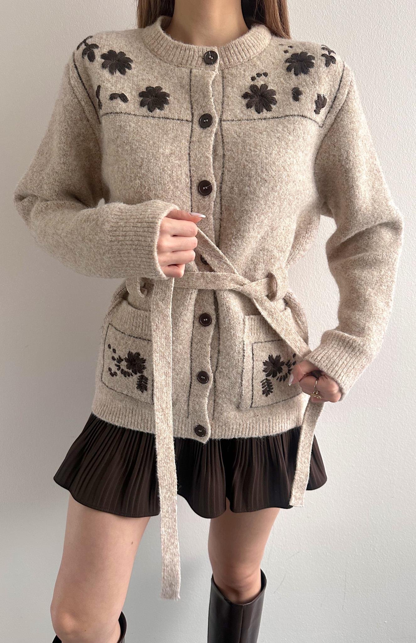 Kontrast Nakiş Yün Karışım Kemerli Hırka VİZON