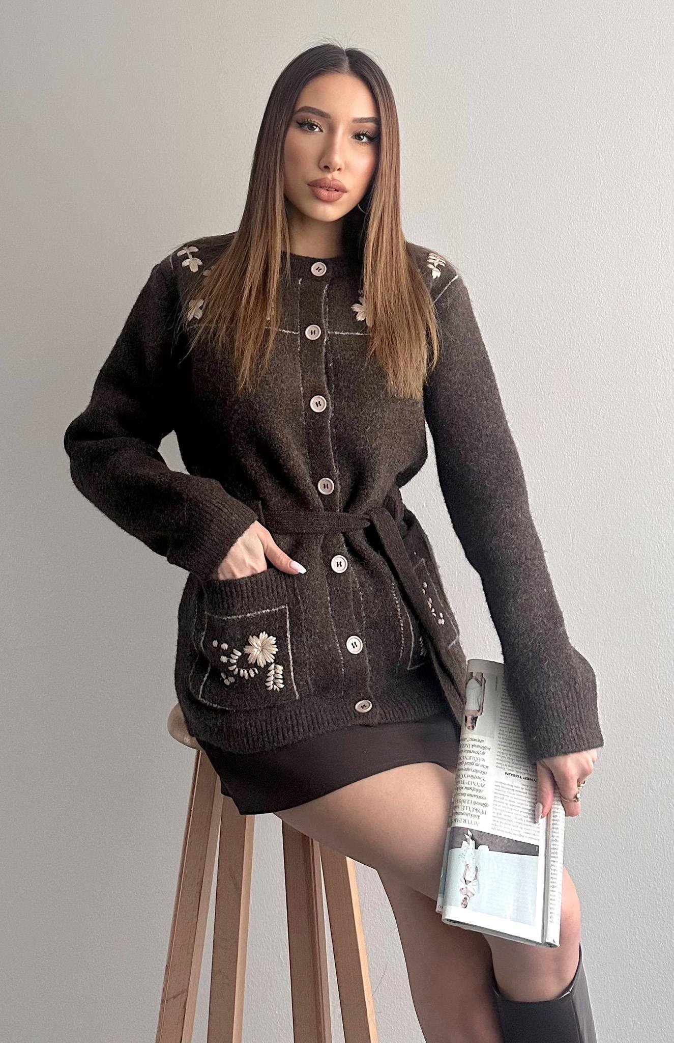 Kontrast Nakiş Yün Karışım Kemerli Hırka KAHVERENGİ