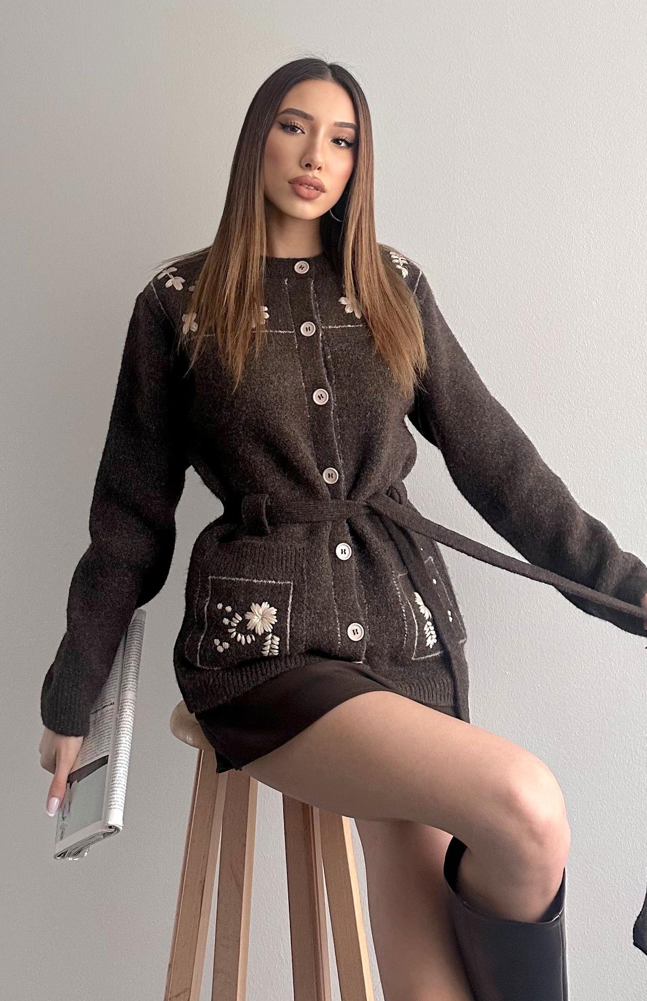 Kontrast Nakiş Yün Karışım Kemerli Hırka KAHVERENGİ