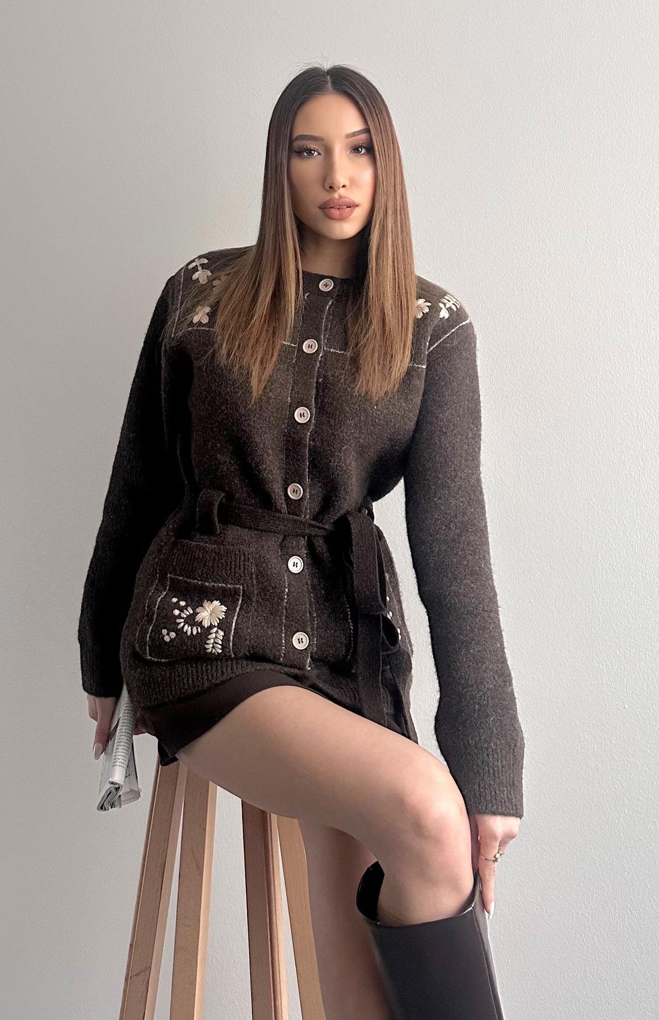 Kontrast Nakiş Yün Karışım Kemerli Hırka KAHVERENGİ