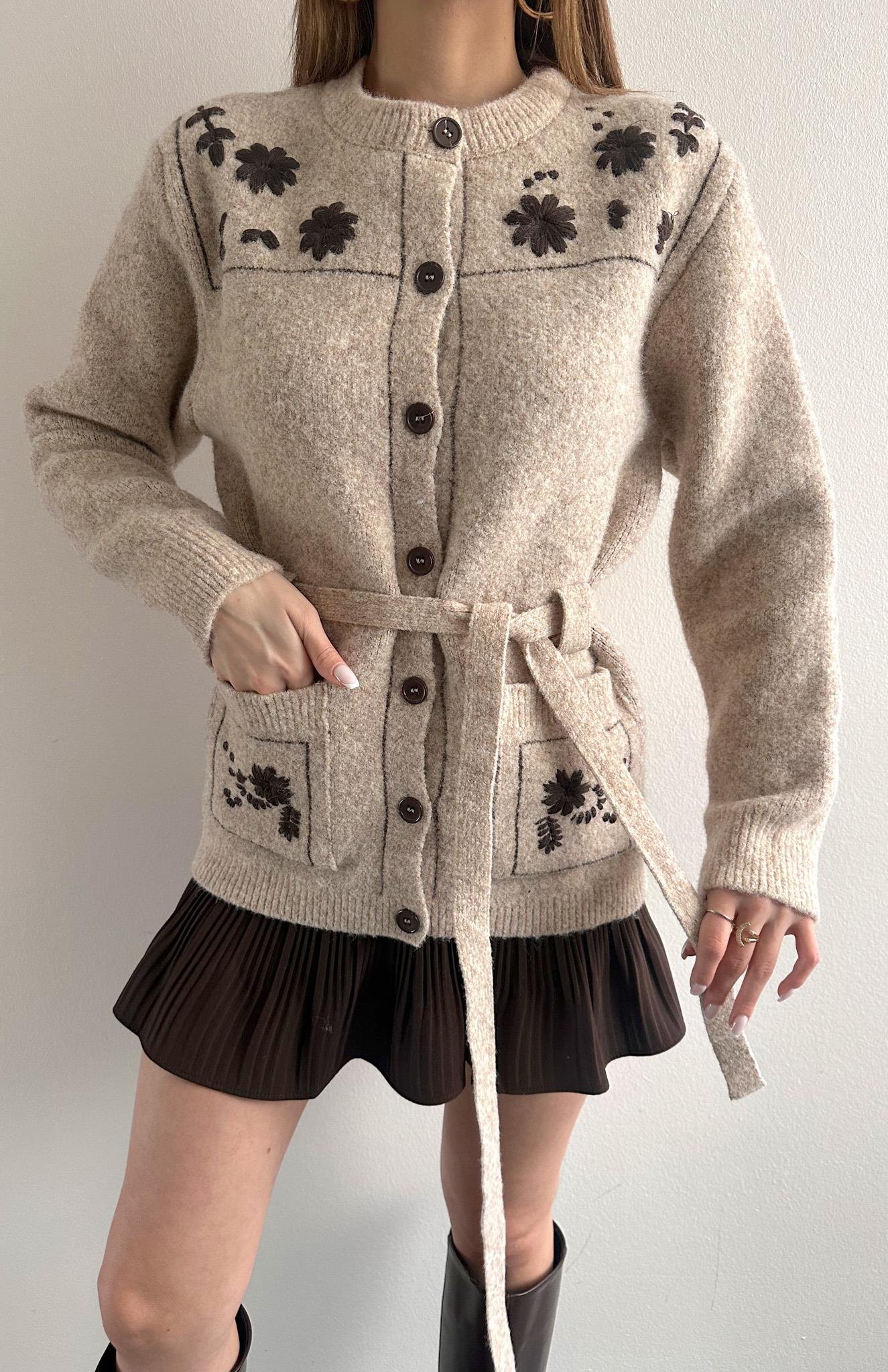 Kontrast Nakiş Yün Karışım Kemerli Hırka VİZON