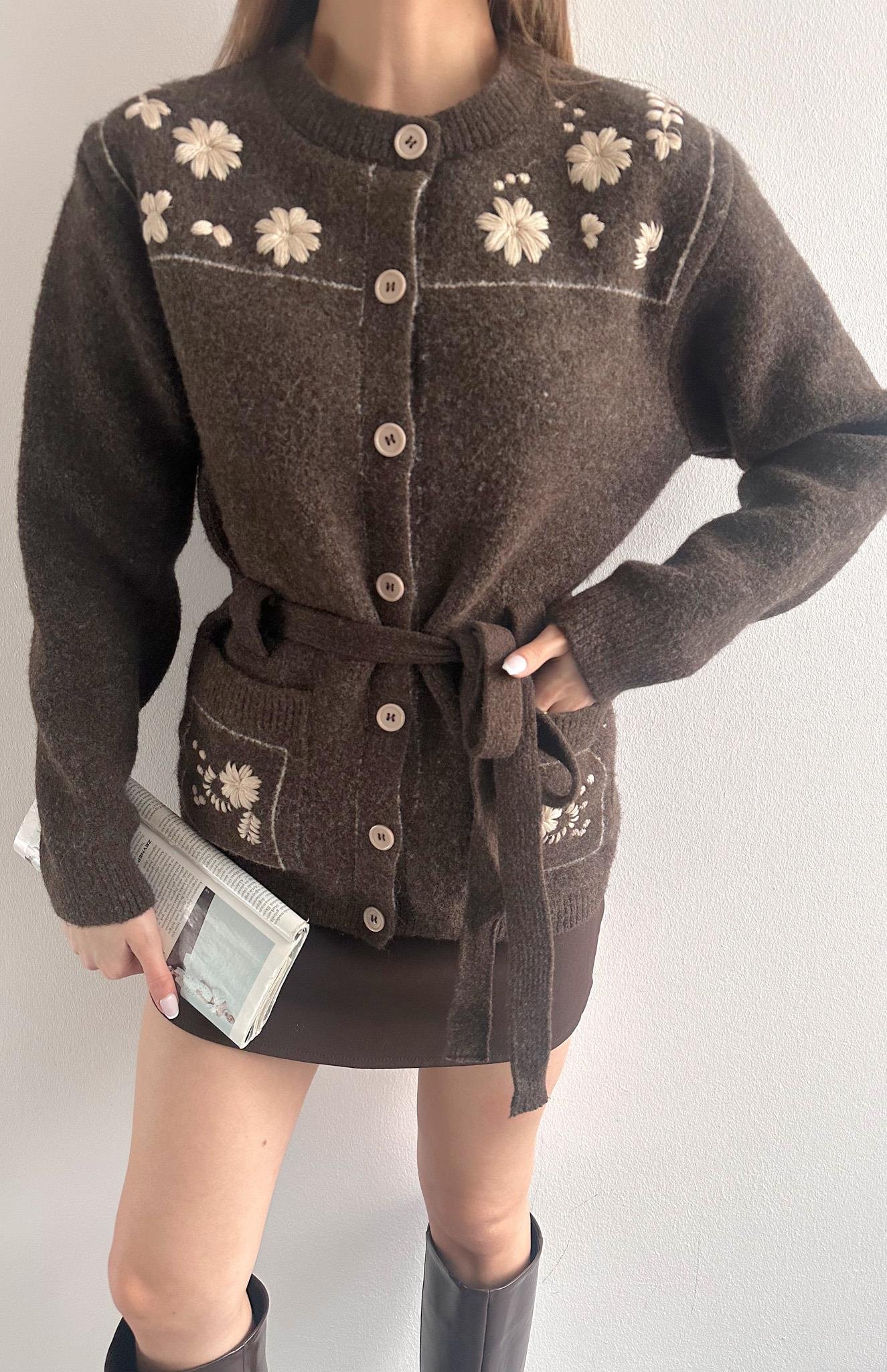 Kontrast Nakiş Yün Karışım Kemerli Hırka KAHVERENGİ