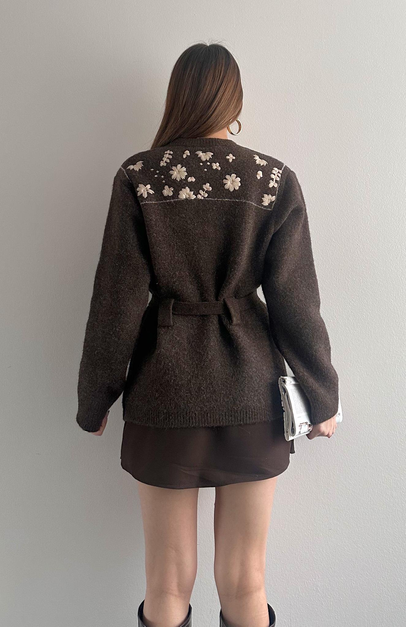 Kontrast Nakiş Yün Karışım Kemerli Hırka KAHVERENGİ