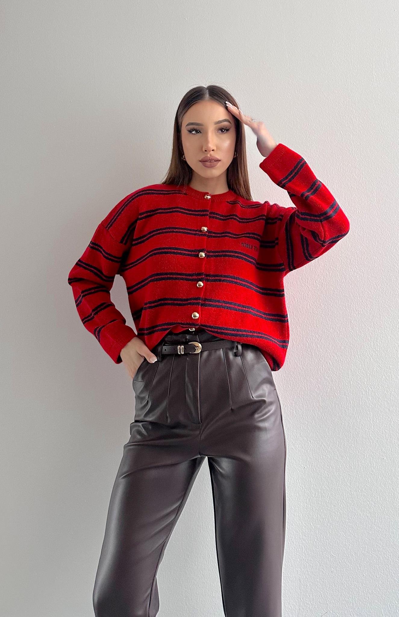 Miu Çizgili Hırka KIRMIZI