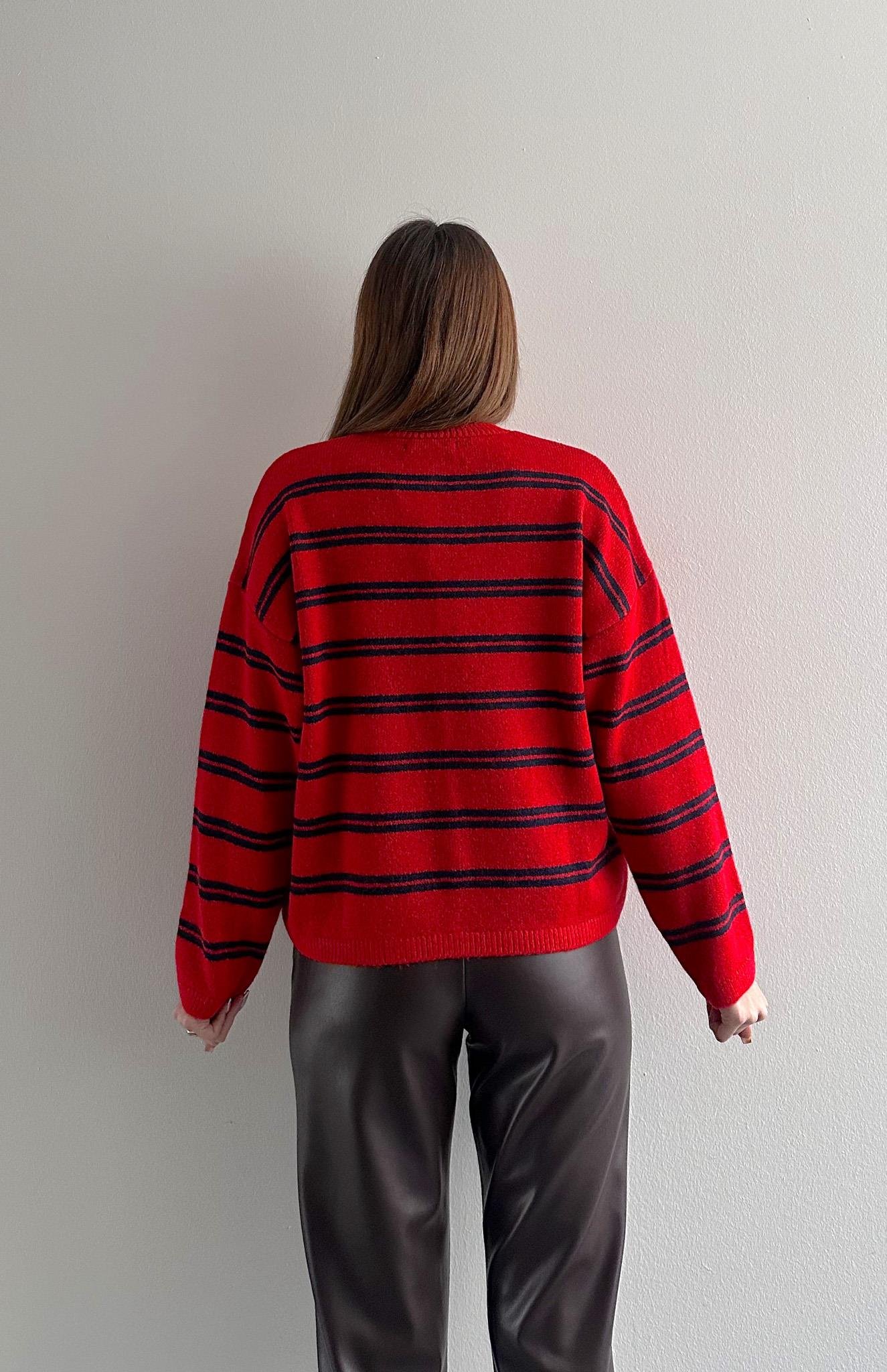 Miu Çizgili Hırka KIRMIZI