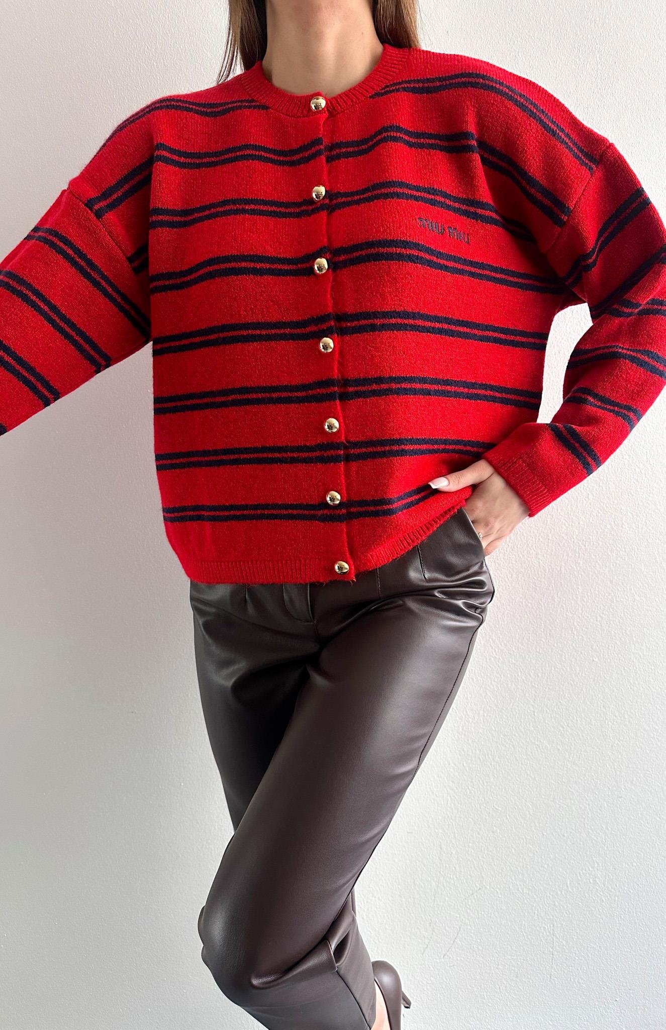 Miu Çizgili Hırka KIRMIZI