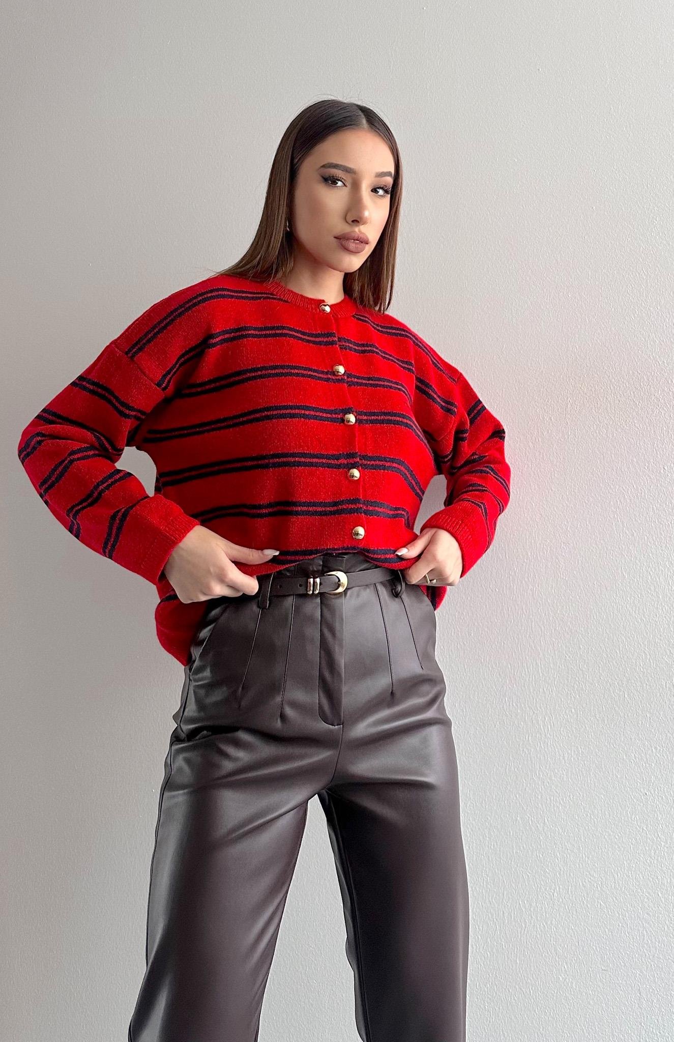 Miu Çizgili Hırka KIRMIZI