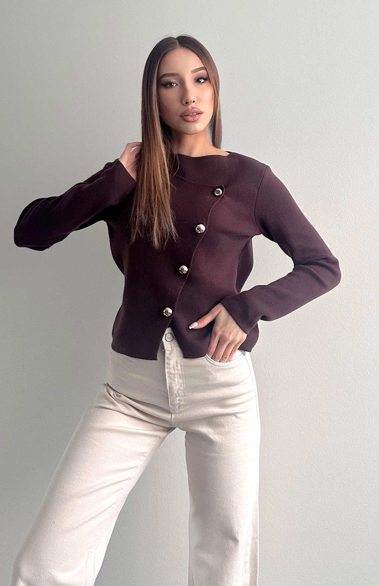 Önü Asimetrik Hırka KAHVERENGİ