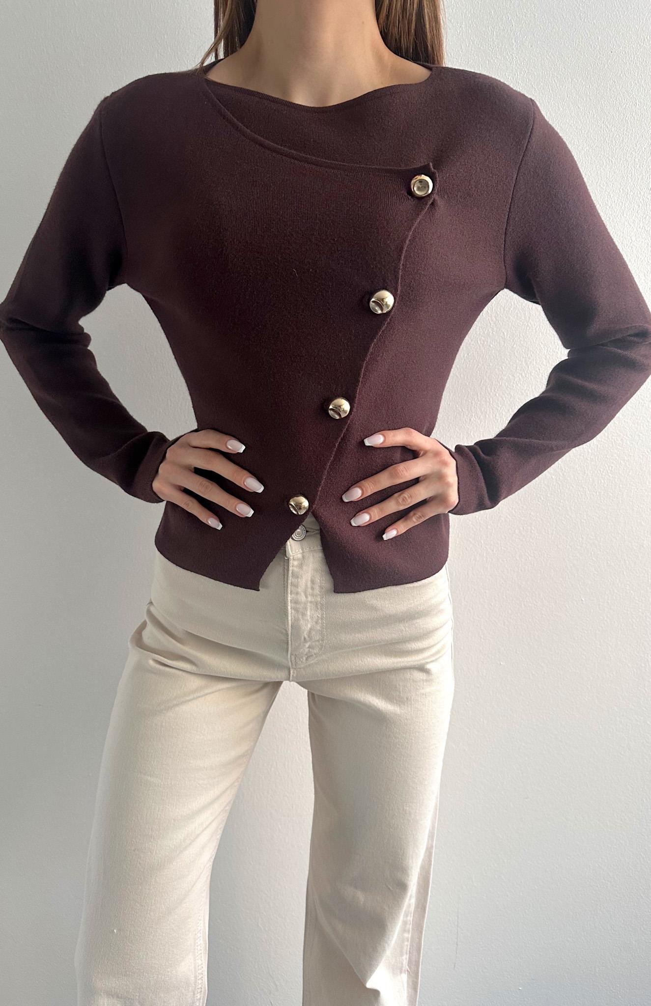 Önü Asimetrik Hırka KAHVERENGİ