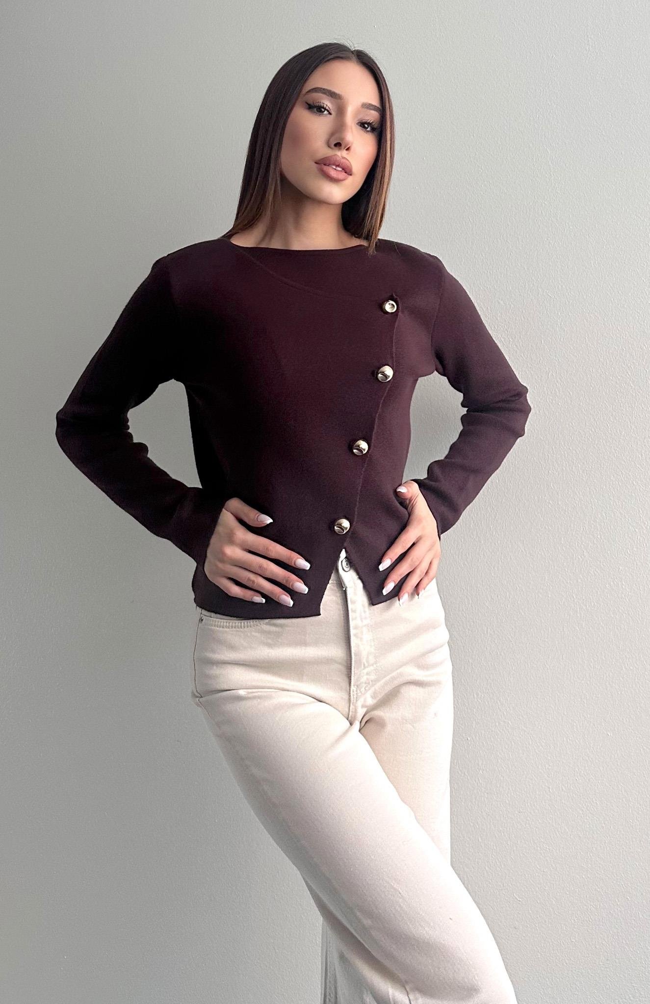 Önü Asimetrik Hırka KAHVERENGİ